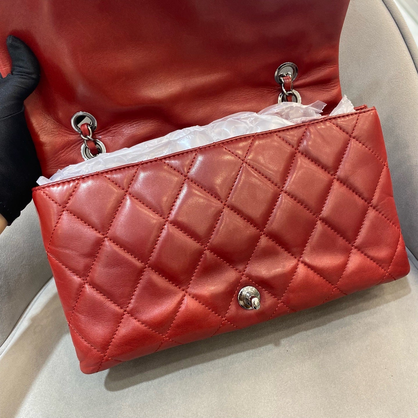 Chanel Classic Mini Flap Handbag Red Quilted Lambskin Silver Hardware