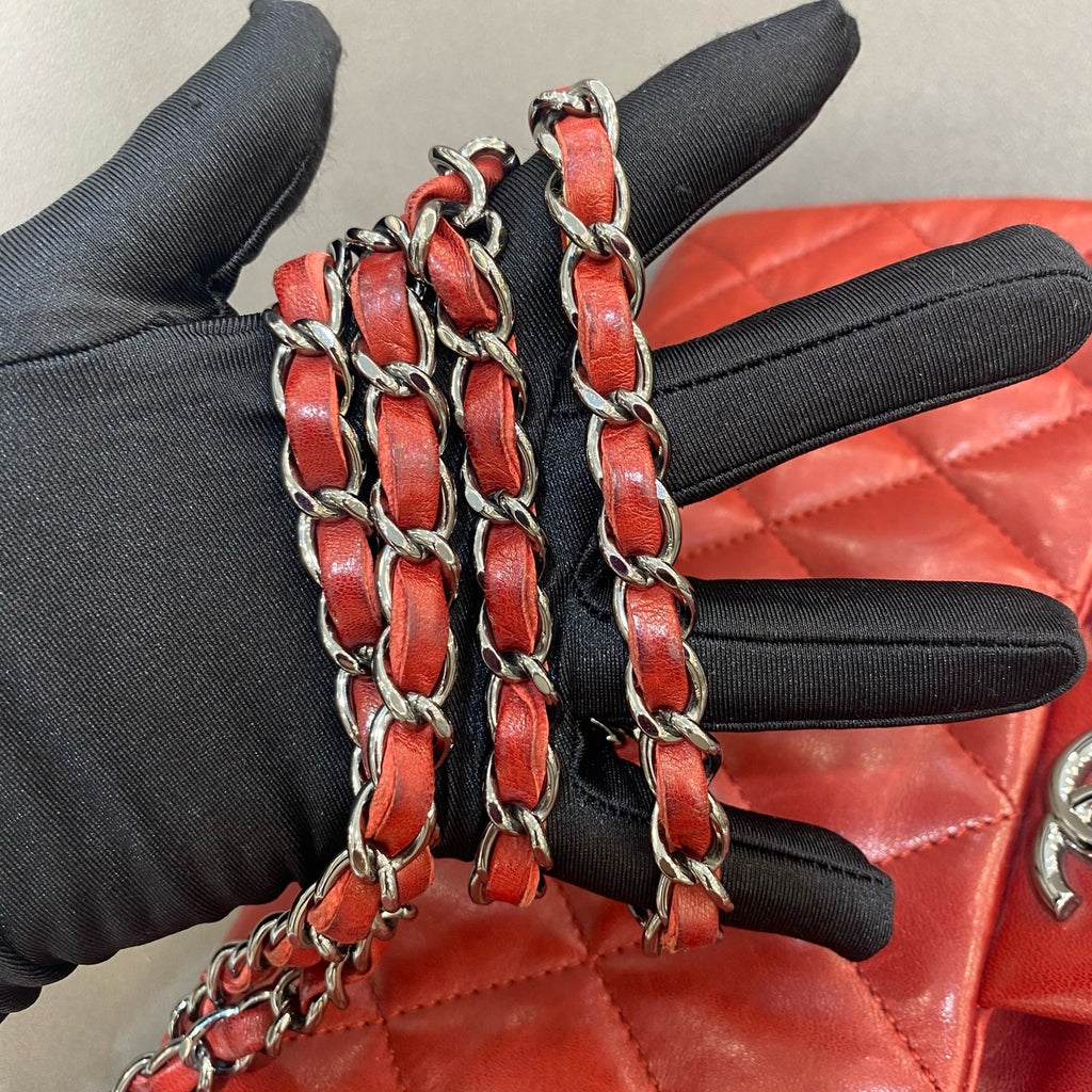 Chanel Classic Mini Flap Handbag Red Quilted Lambskin Silver Hardware