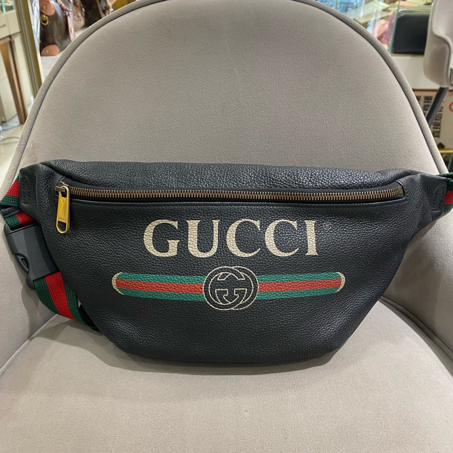 Gucci Print Belt Bag Black Pebbled Leather Gold Hardware