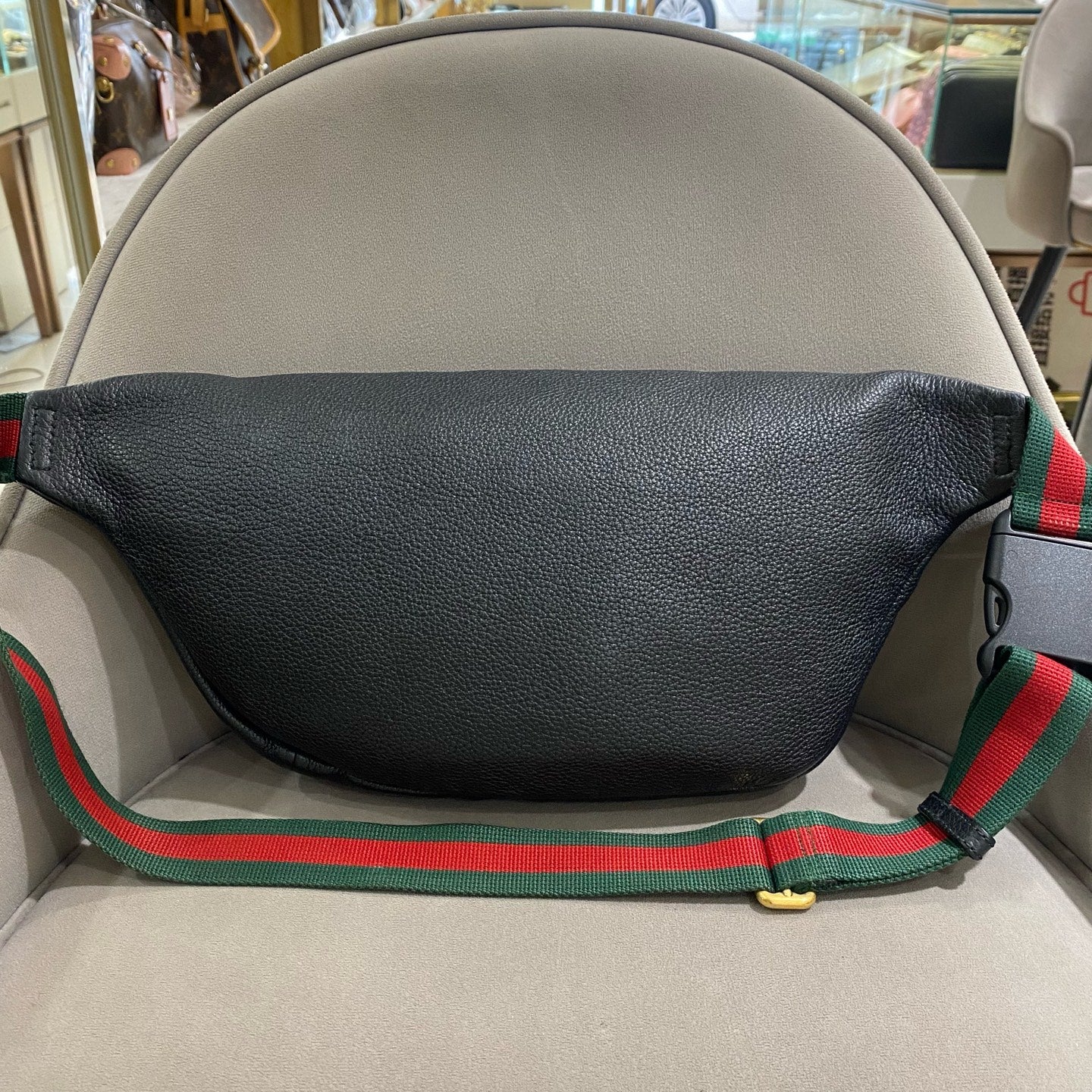 Gucci Print Belt Bag Black Pebbled Leather Gold Hardware