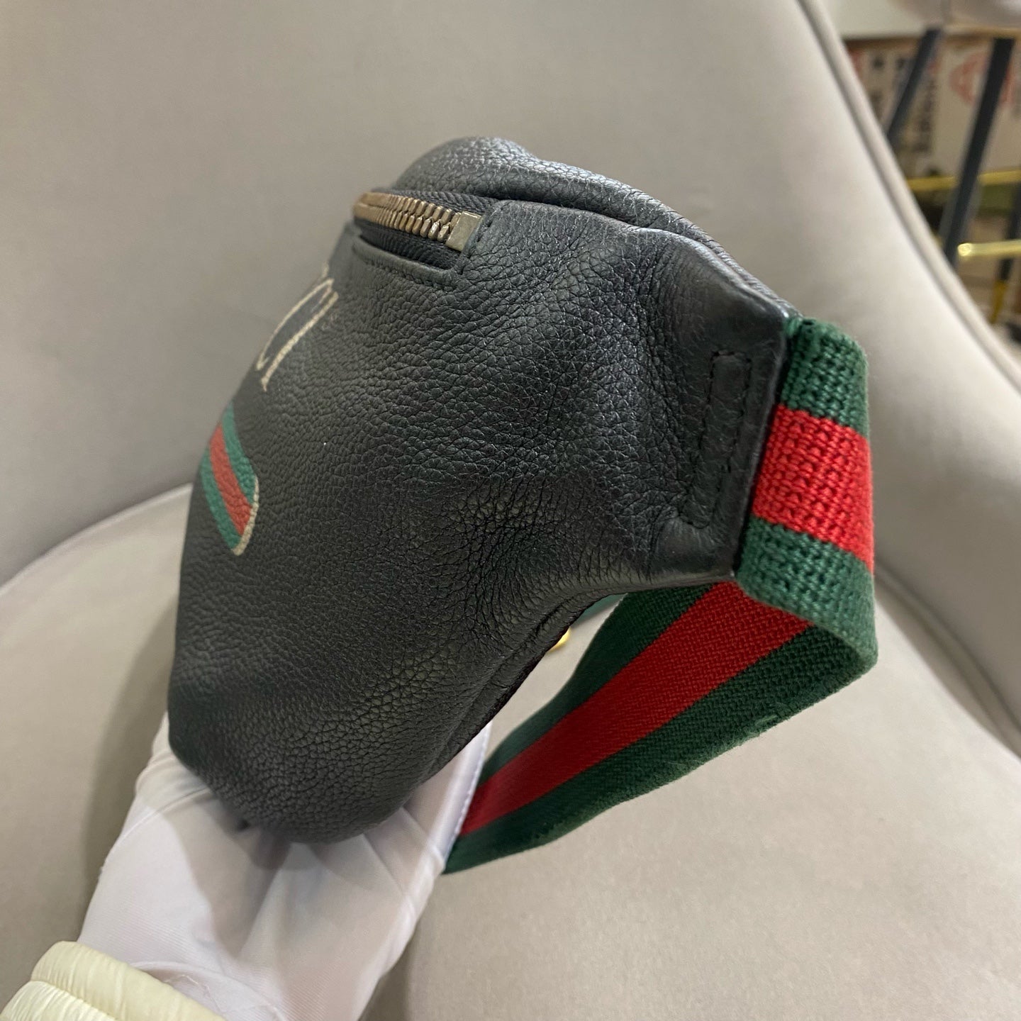 Gucci Print Belt Bag Black Pebbled Leather Gold Hardware