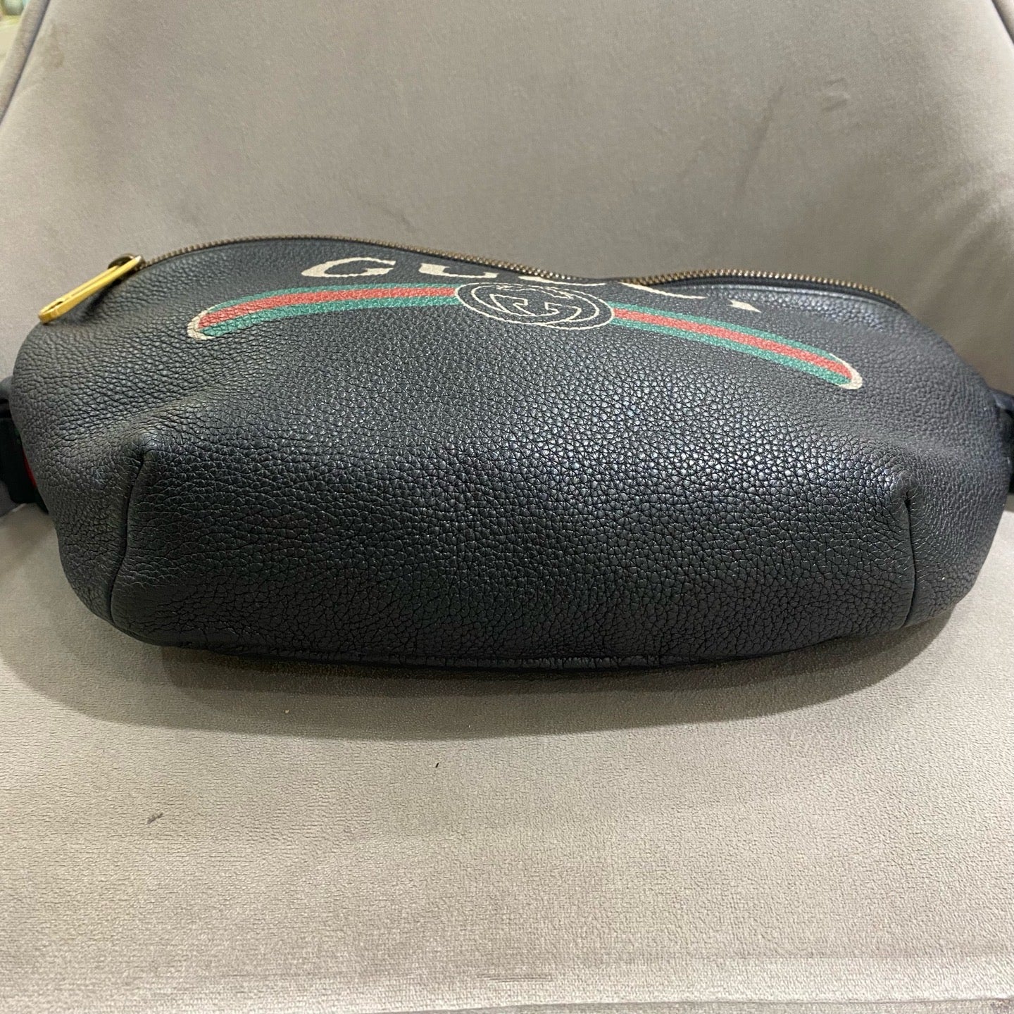 Gucci Print Belt Bag Black Pebbled Leather Gold Hardware