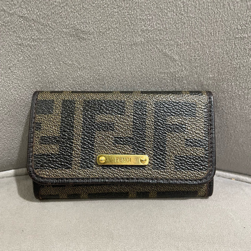 Fendi Zucca Compact Wallet Tobacco Brown Monogram Canvas Gold Hardware