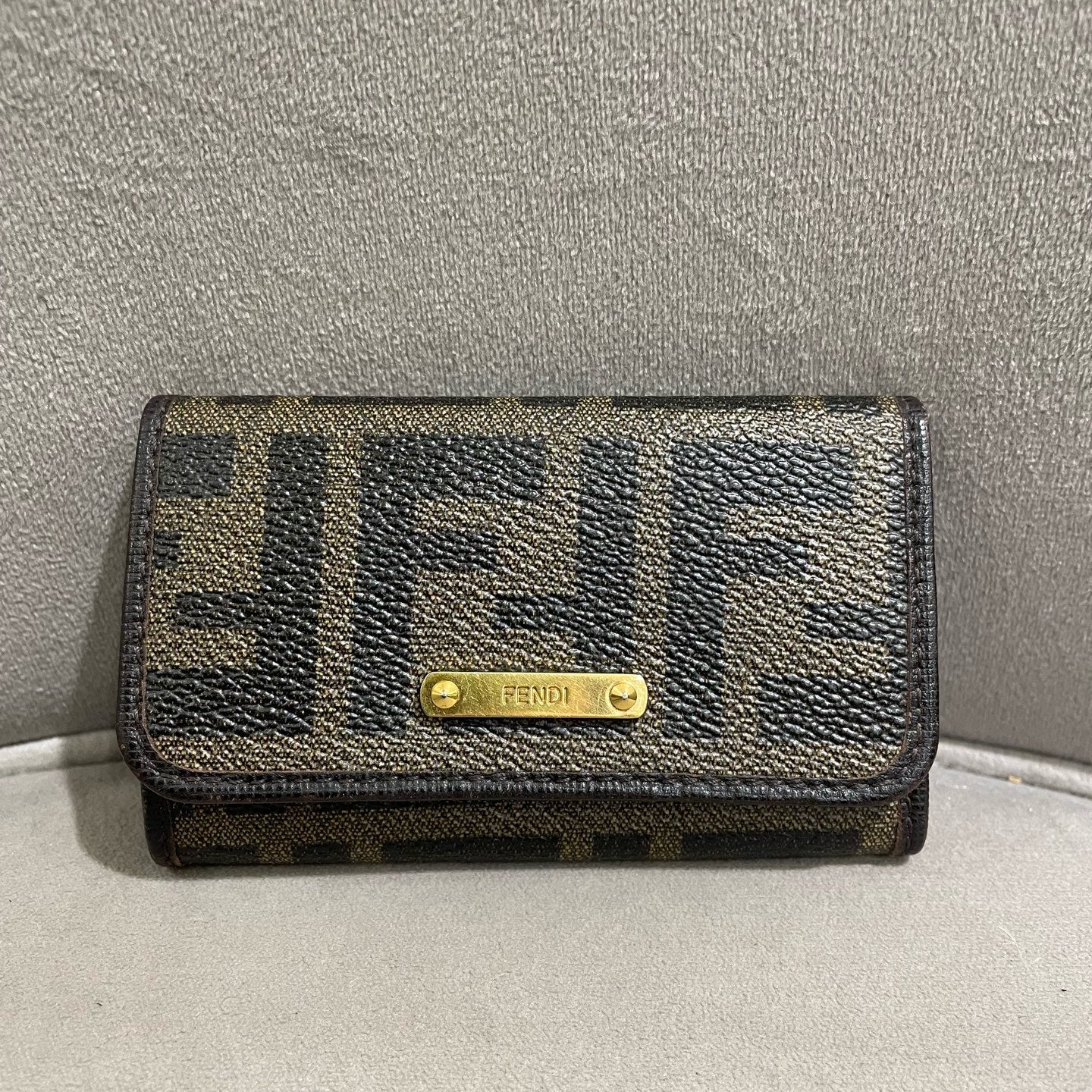 Fendi Zucca Compact Wallet Tobacco Brown Monogram Canvas Gold Hardware