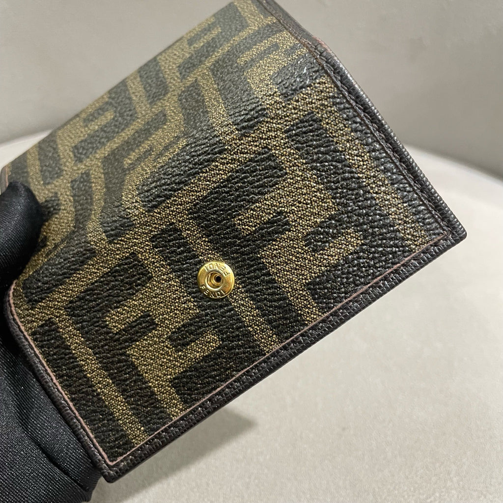 Fendi Zucca Compact Wallet Tobacco Brown Monogram Canvas Gold Hardware