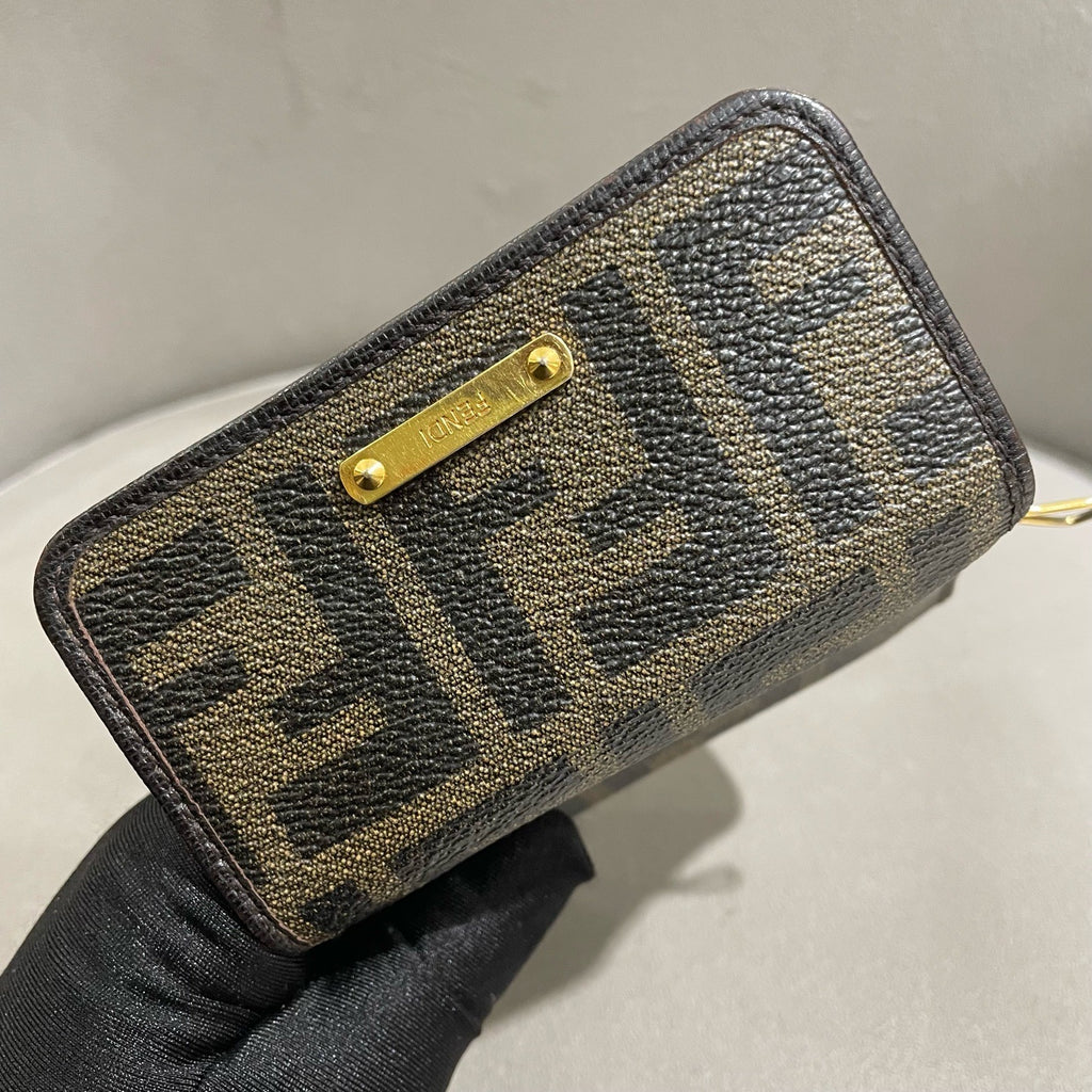 Fendi Zucca Compact Wallet Tobacco Brown Monogram Canvas Gold Hardware