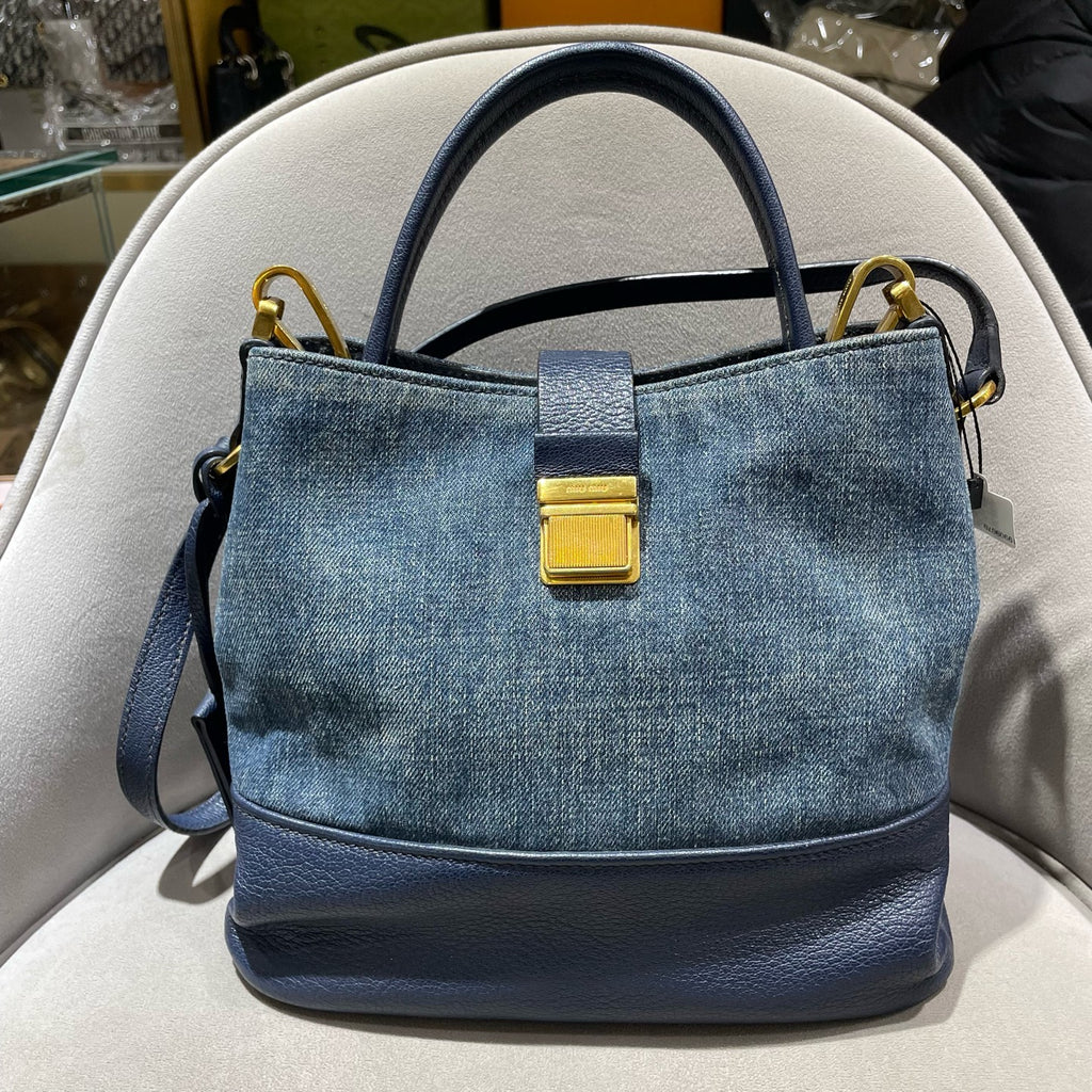 Miu Miu Denim and Leather Bucket Bag Blue/Navy Gold Hardware