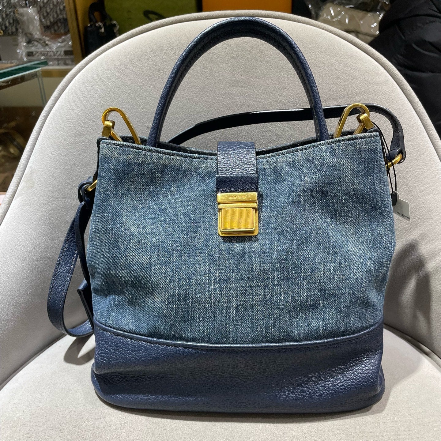 Miu Miu Denim and Leather Bucket Bag Blue/Navy Gold Hardware