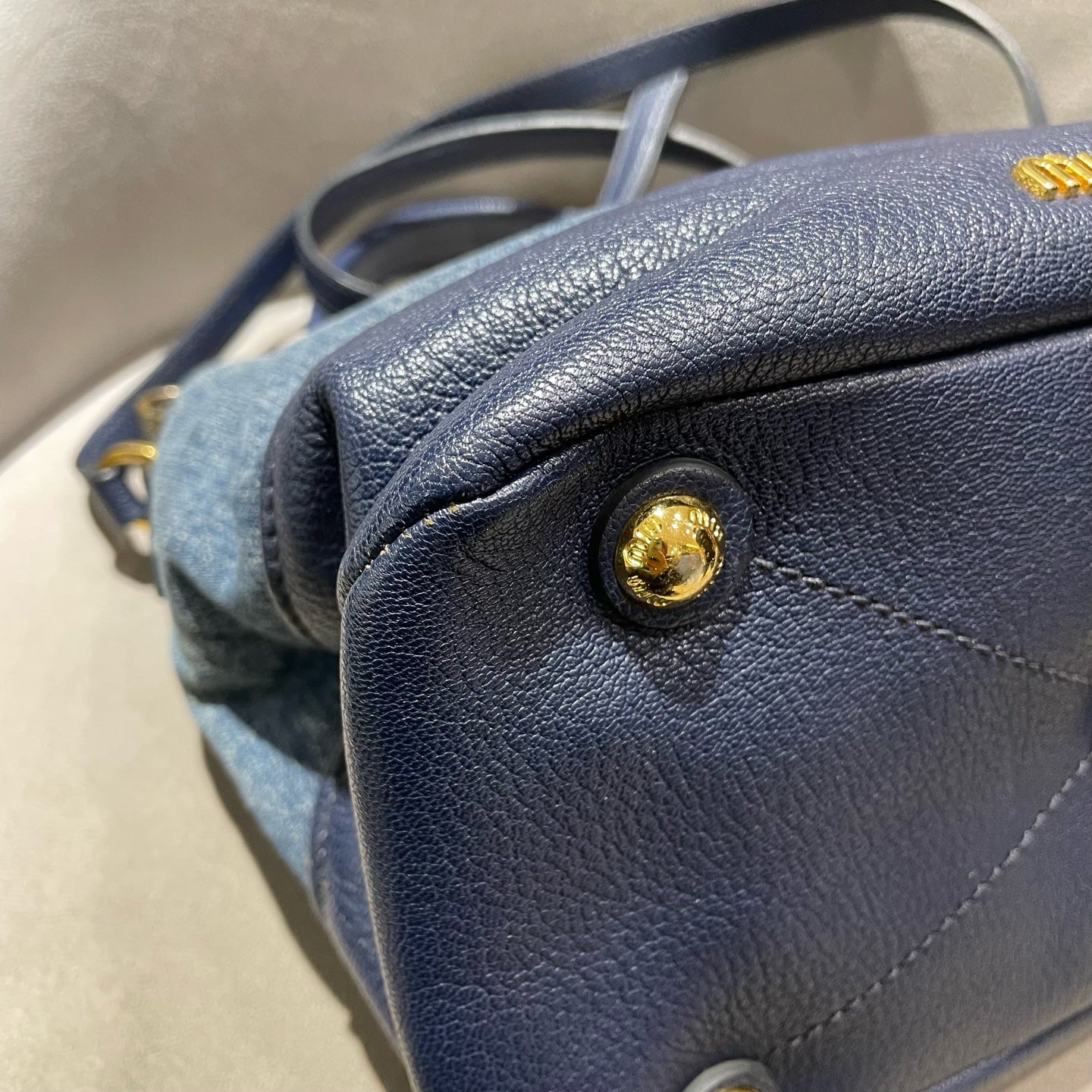 Miu Miu Denim and Leather Bucket Bag Blue/Navy Gold Hardware