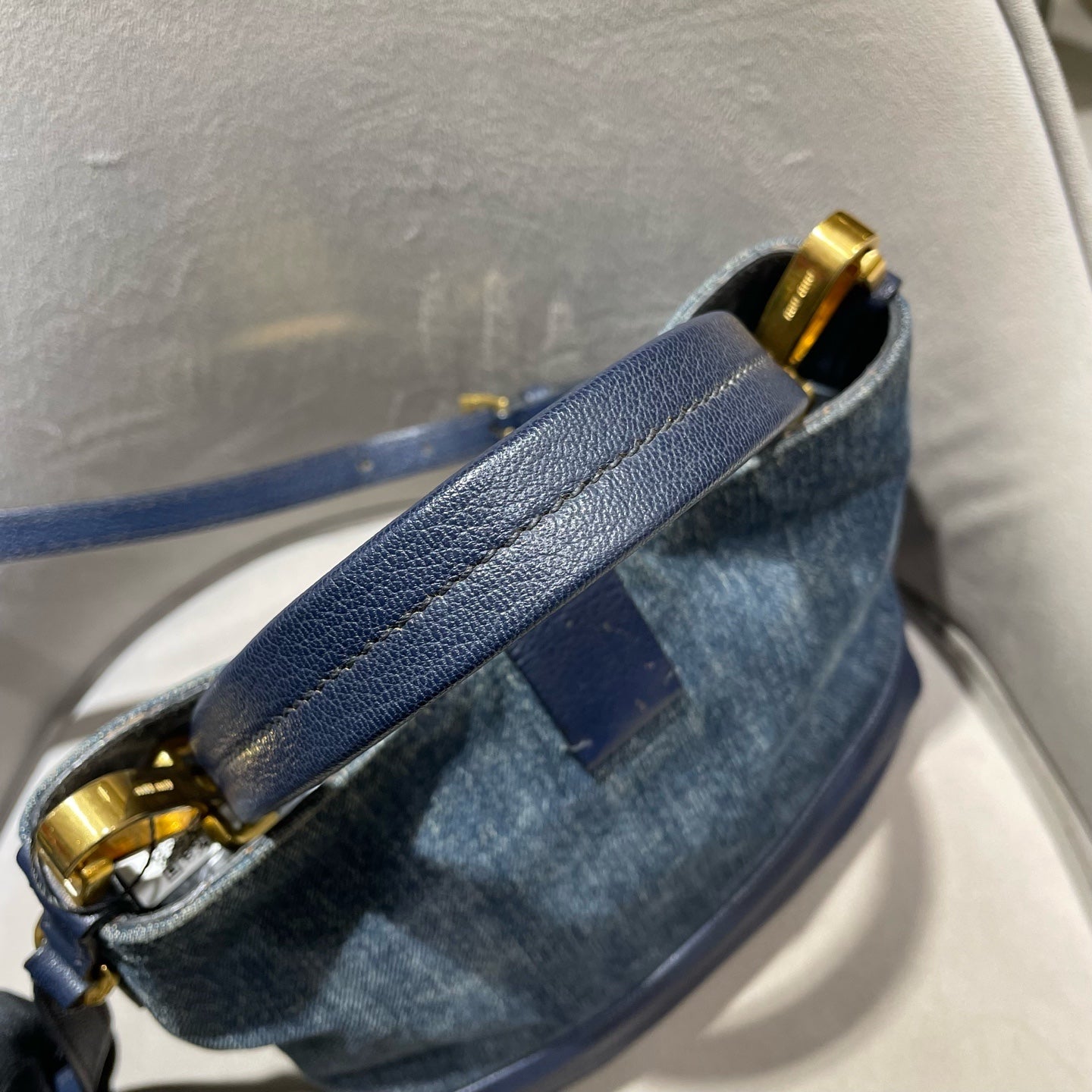 Miu Miu Denim and Leather Bucket Bag Blue/Navy Gold Hardware