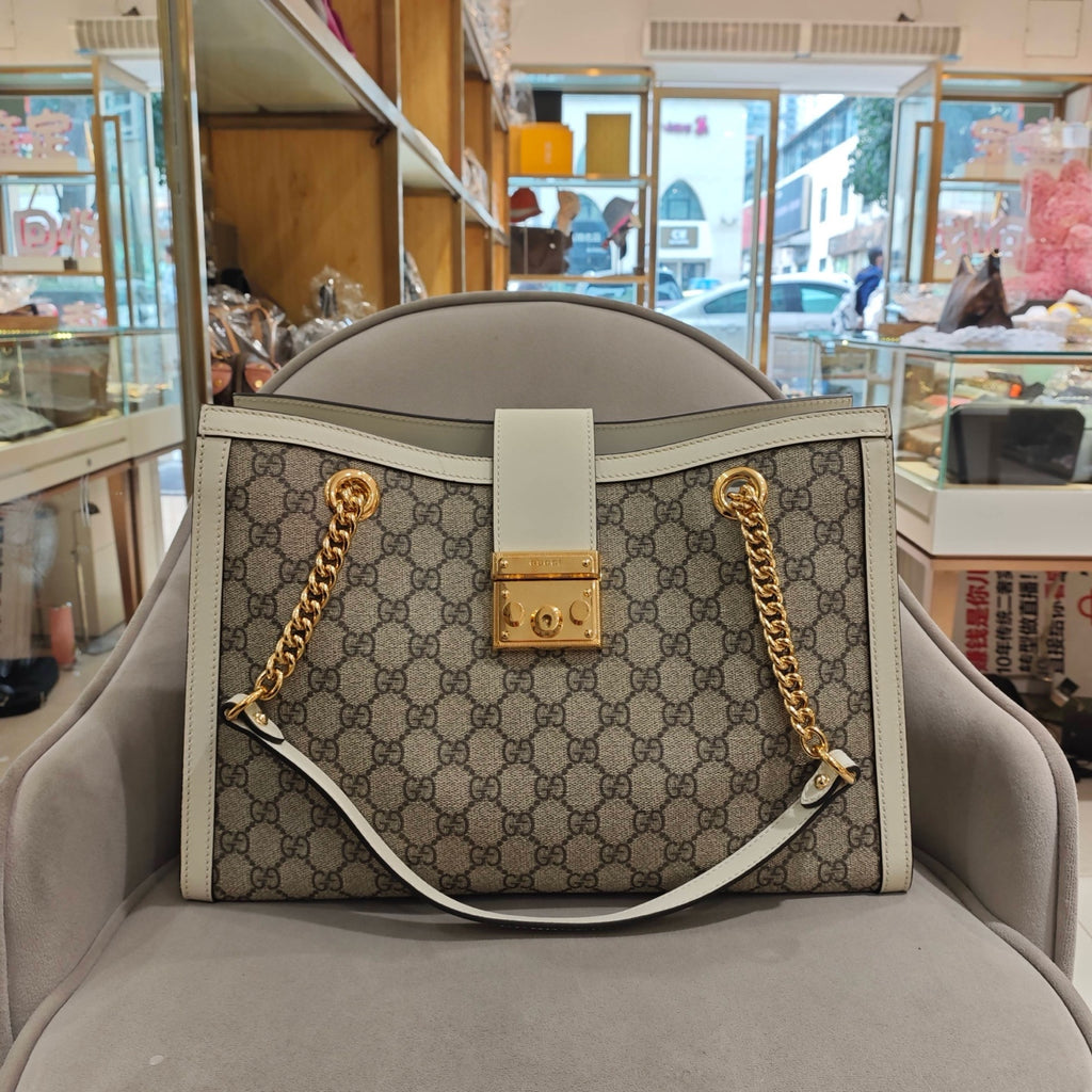 Gucci Padlock Tote Bag GG Supreme Canvas White Leather Gold Hardware