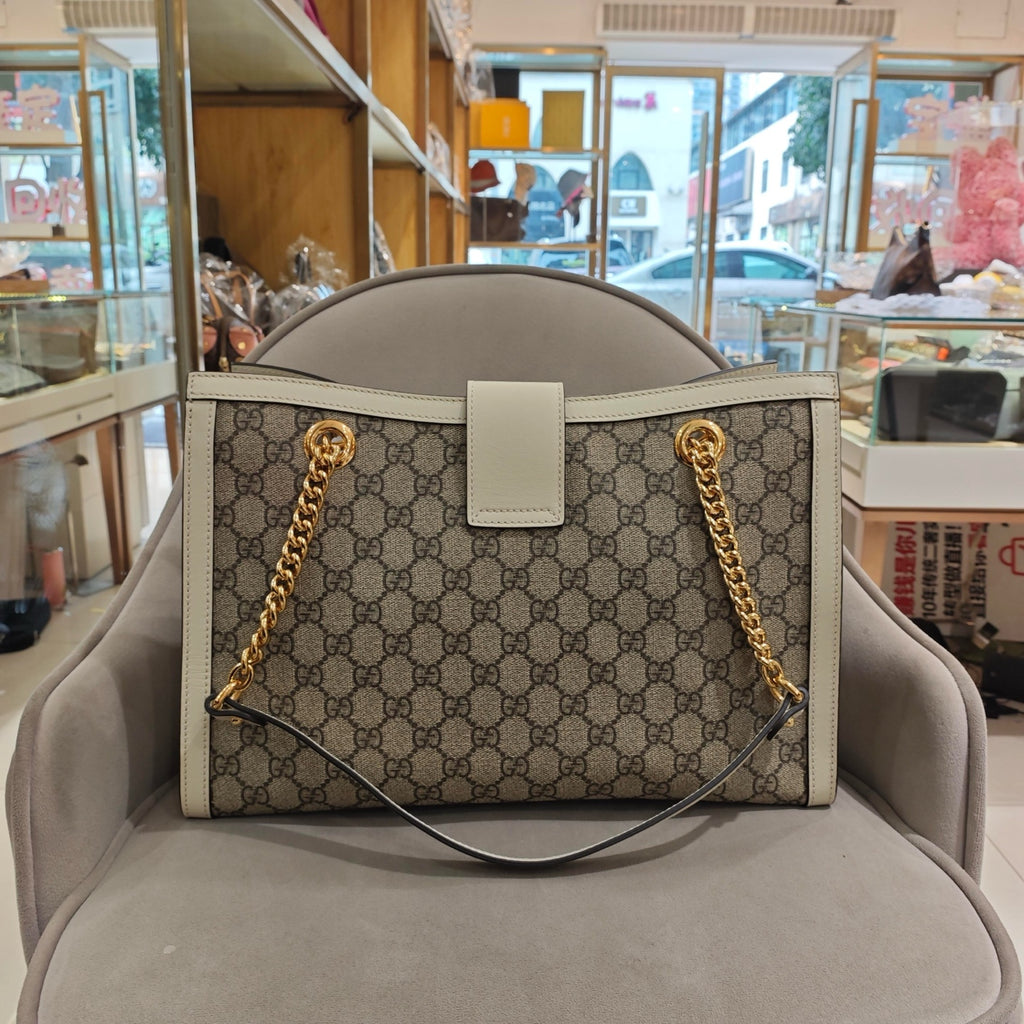 Gucci Padlock Tote Bag GG Supreme Canvas White Leather Gold Hardware