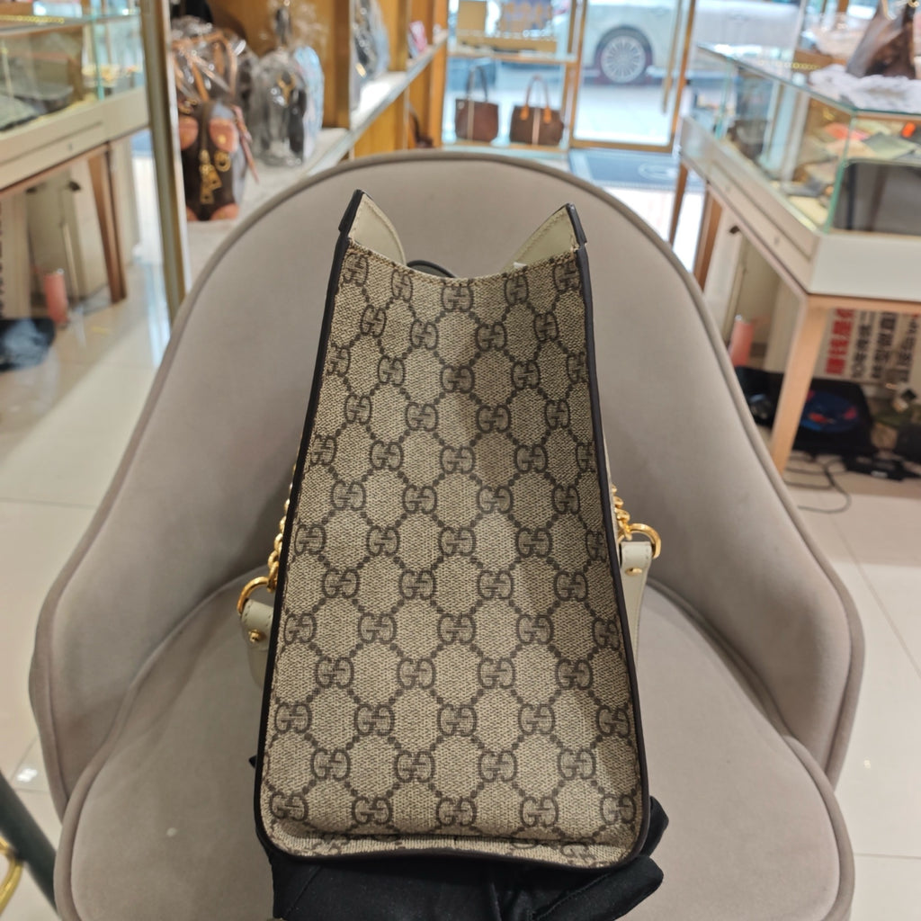 Gucci Padlock Tote Bag GG Supreme Canvas White Leather Gold Hardware