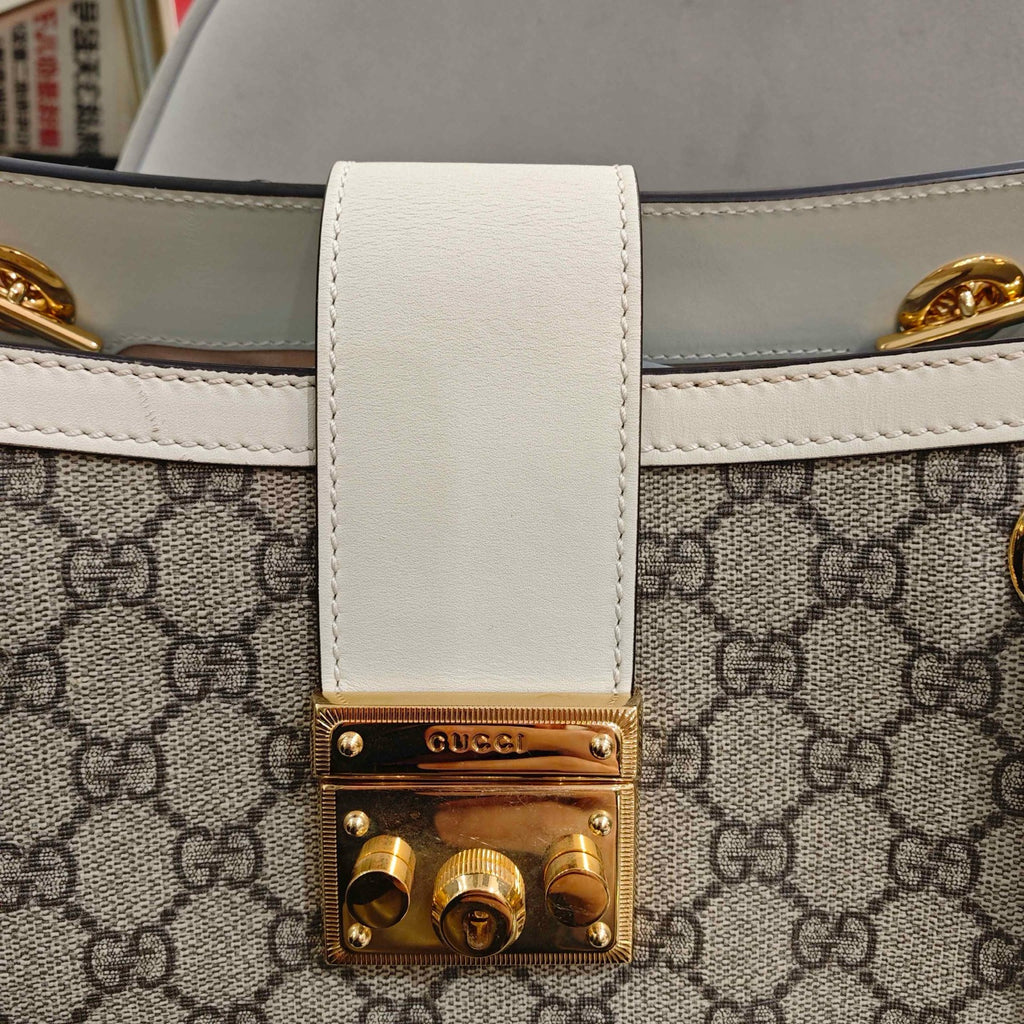 Gucci Padlock Tote Bag GG Supreme Canvas White Leather Gold Hardware
