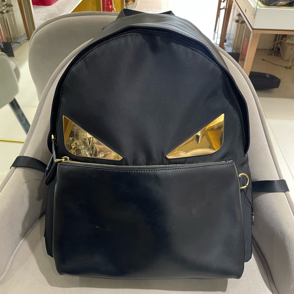 Fendi 7VZ042 Bugs Backpack Black Nylon Leather Gold Hardware