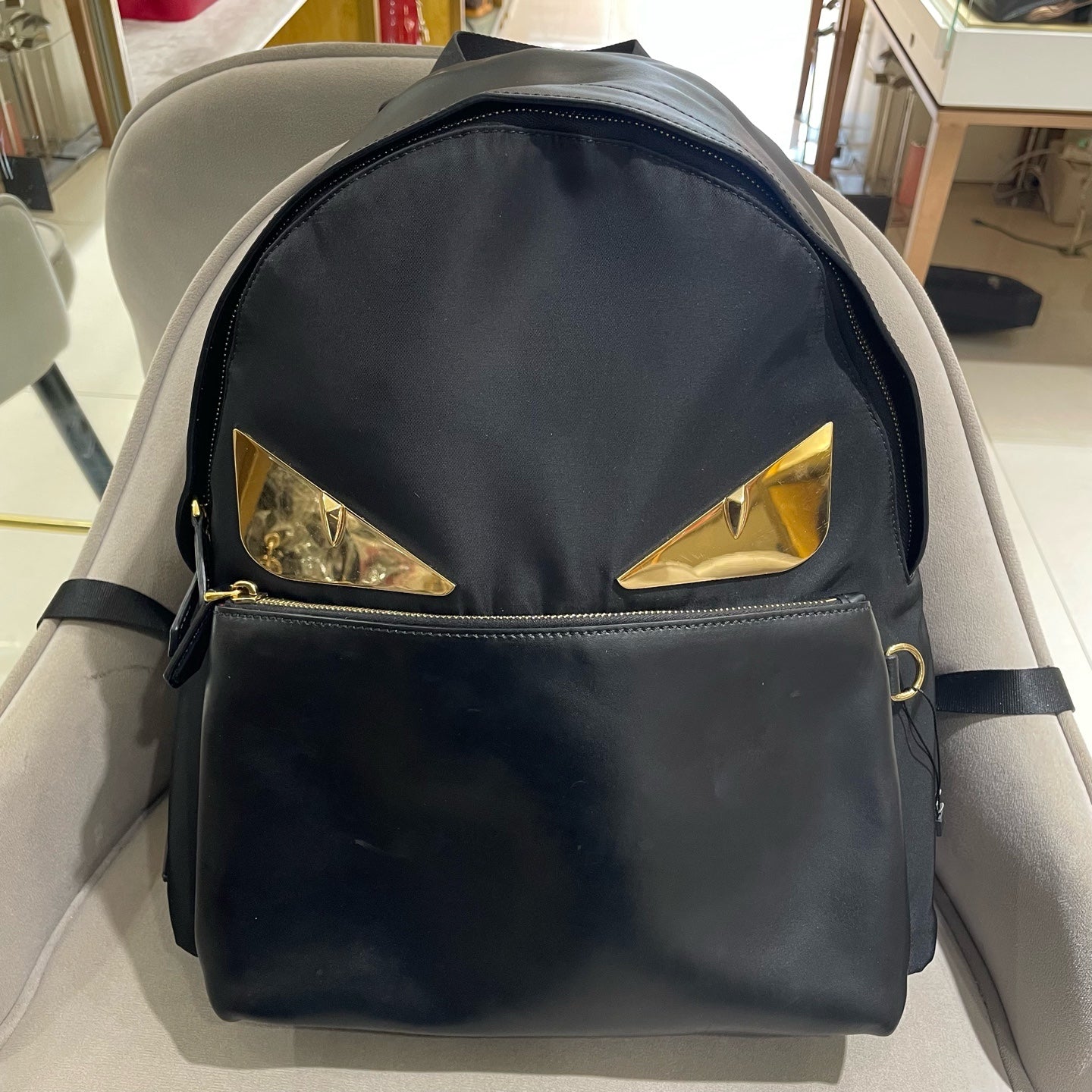 Fendi 7VZ042 Bugs Backpack Black Nylon Leather Gold Hardware