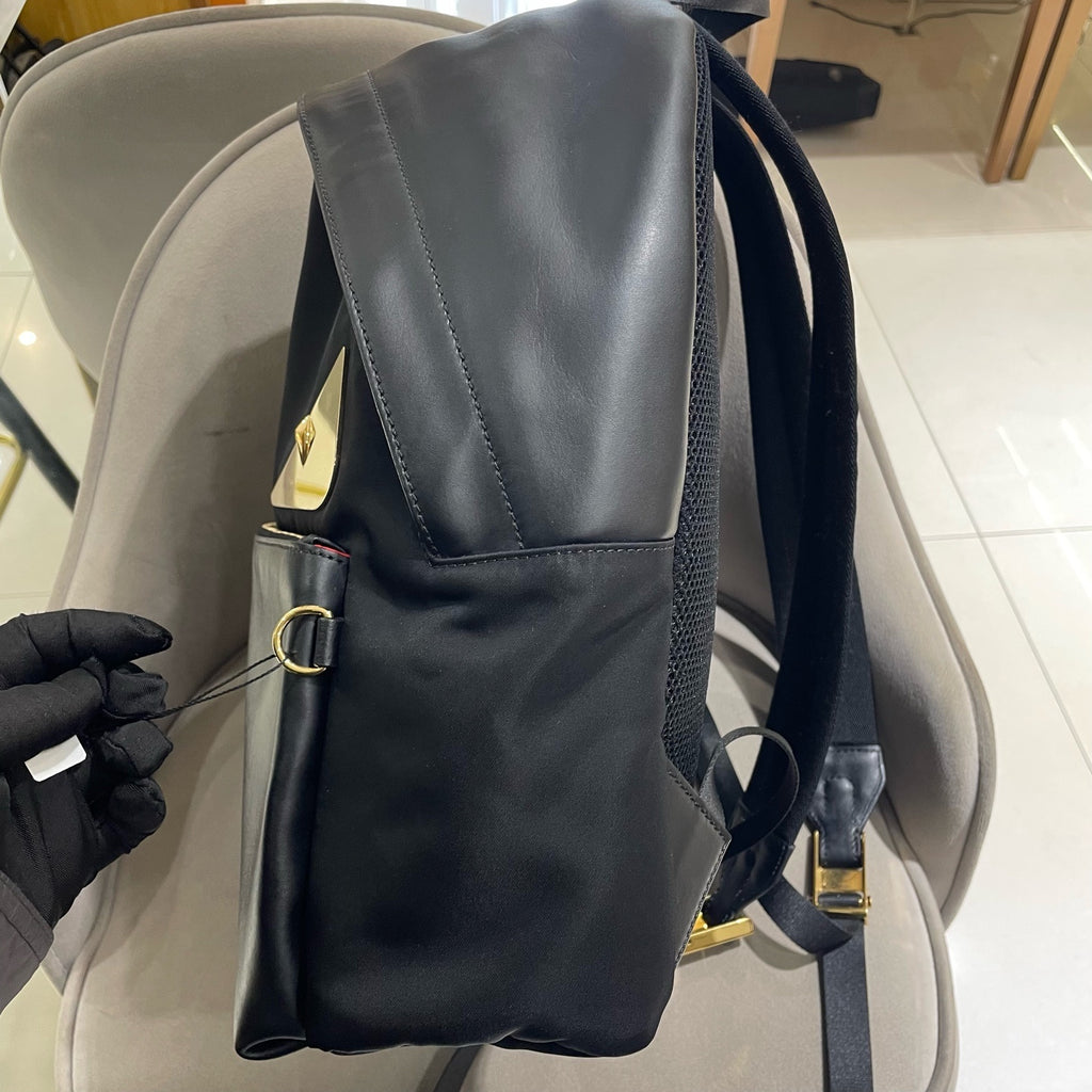 Fendi 7VZ042 Bugs Backpack Black Nylon Leather Gold Hardware