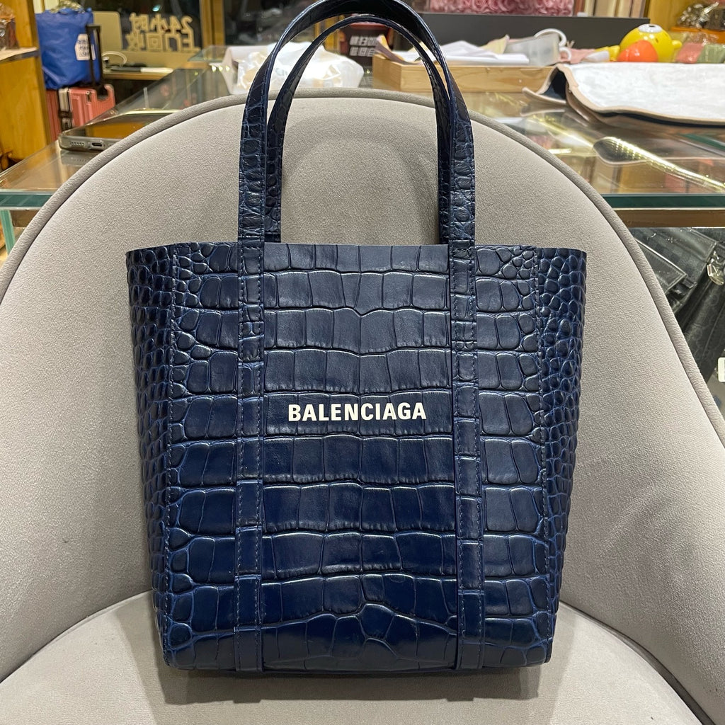 Balenciaga Everyday Tote Bag Navy Blue Crocodile-Embossed Leather Silver Hardware
