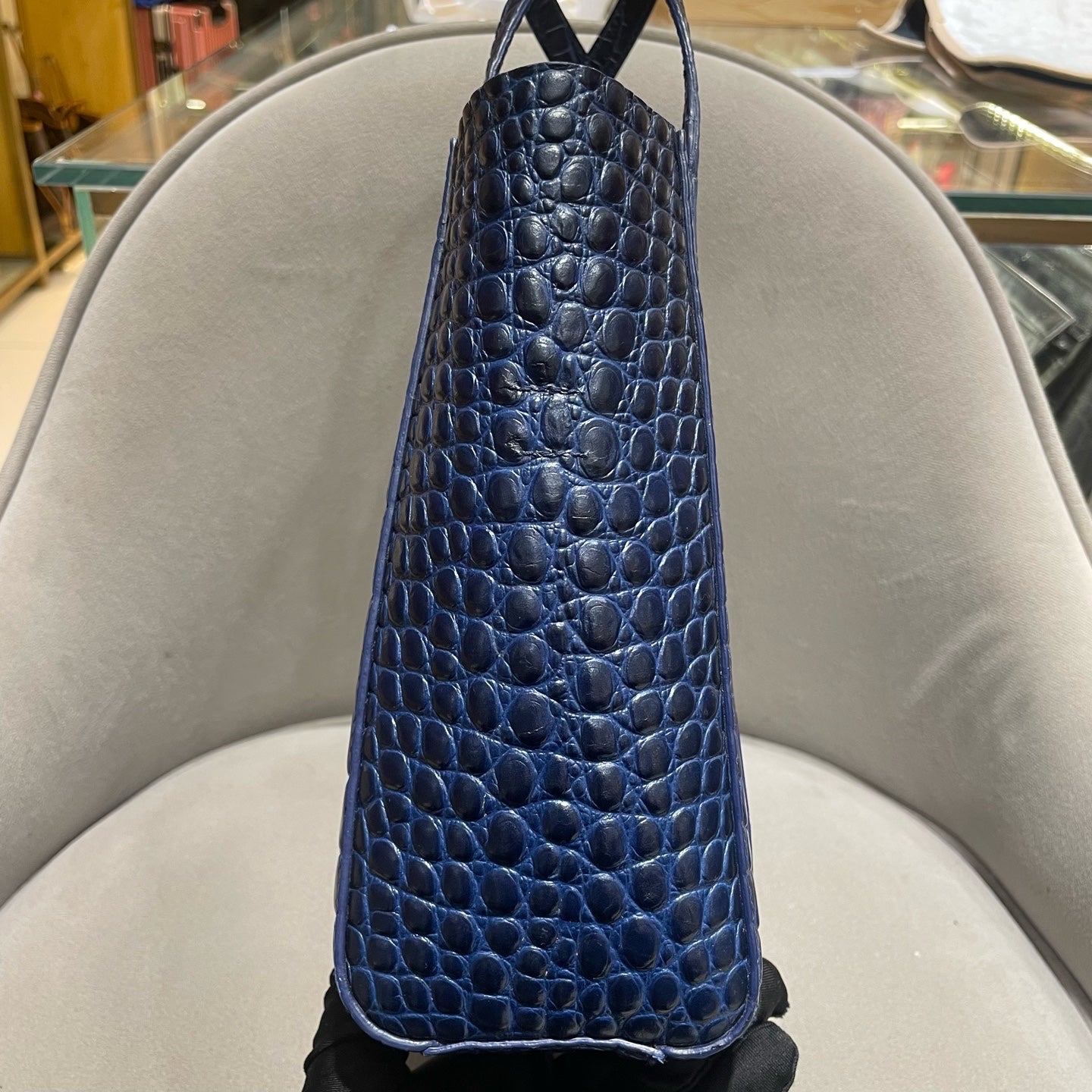 Balenciaga Everyday Tote Bag Navy Blue Crocodile-Embossed Leather Silver Hardware