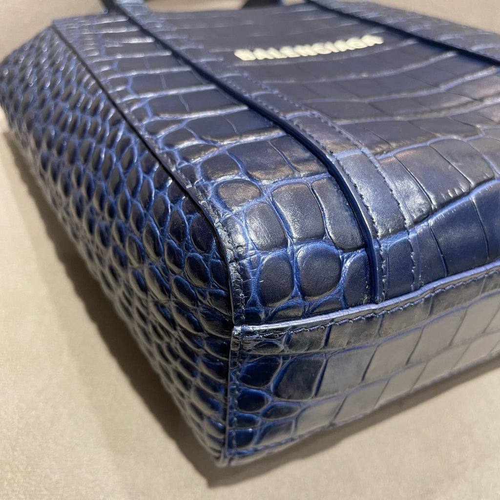 Balenciaga Everyday Tote Bag Navy Blue Crocodile-Embossed Leather Silver Hardware