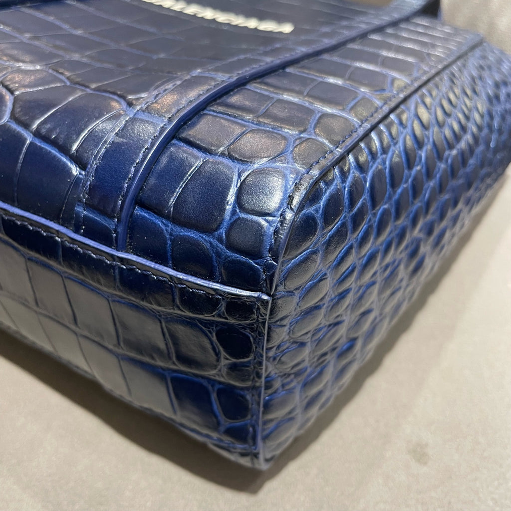 Balenciaga Everyday Tote Bag Navy Blue Crocodile-Embossed Leather Silver Hardware