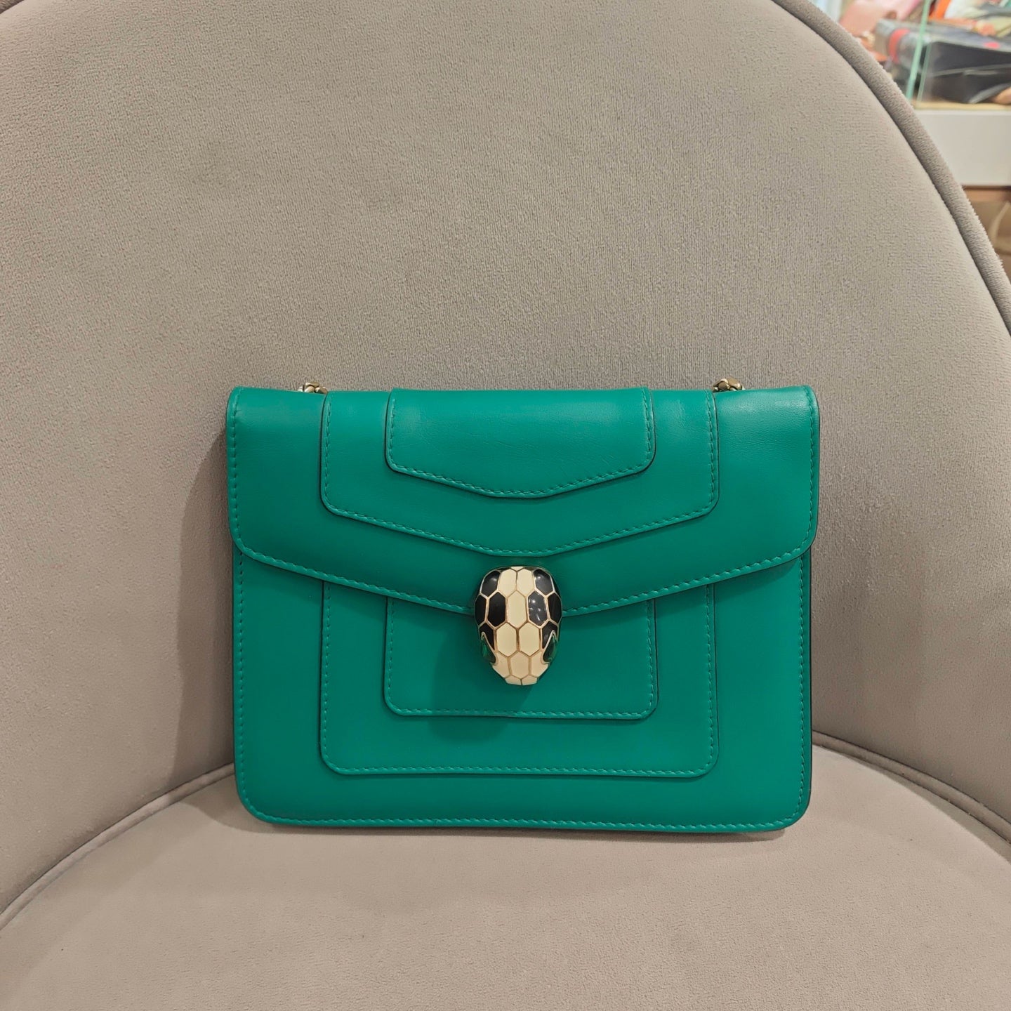 Bvlgari Serpenti Forever Shoulder Bag Deep Teal Leather Gold Hardware