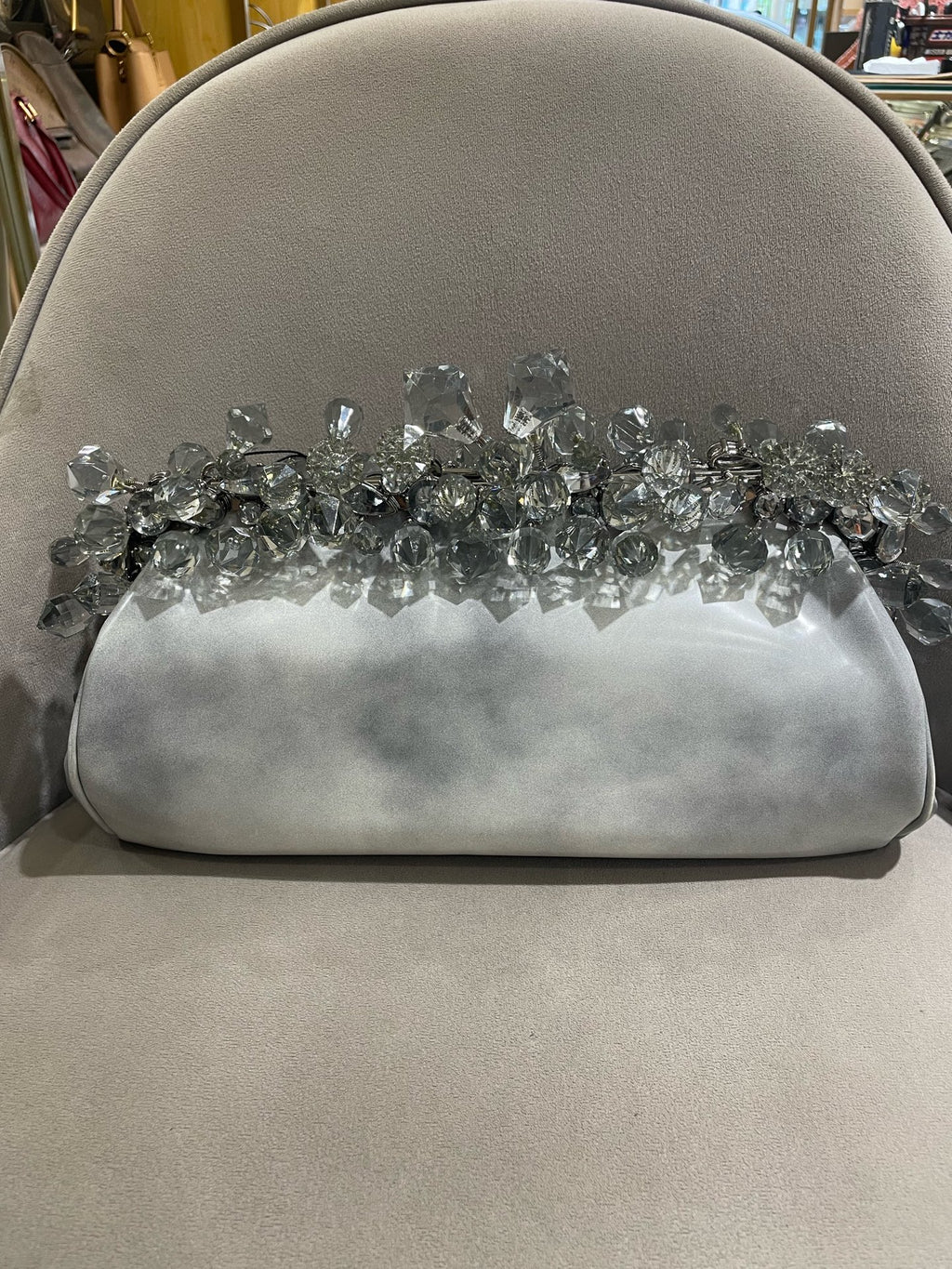 Prada Crystal-Embellished Clutch Bag Metallic Silver Leather Silver Hardware