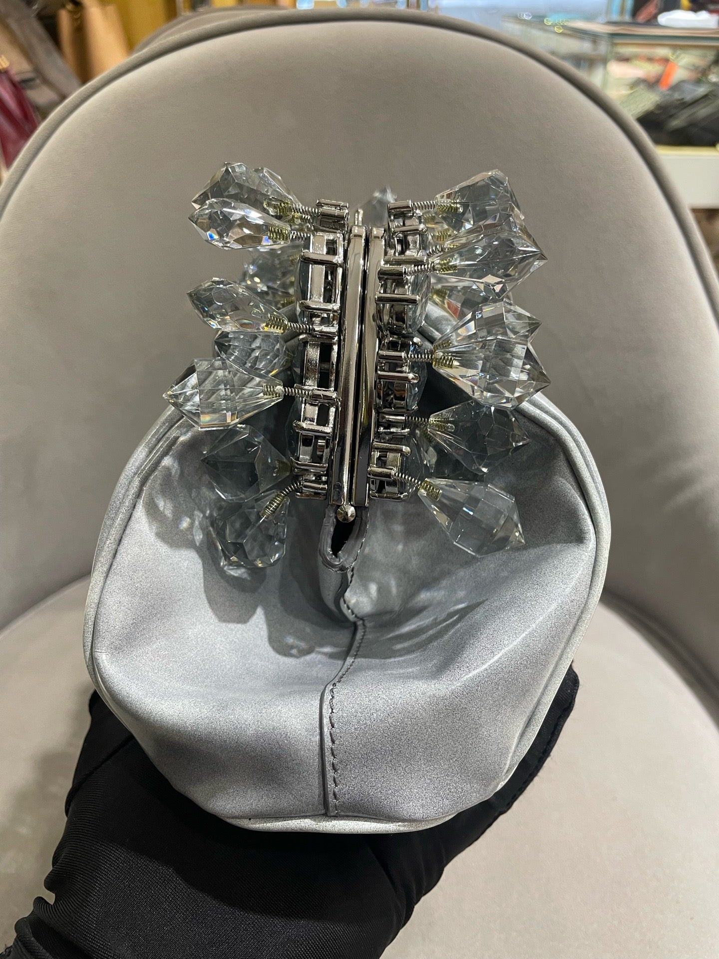 Prada Crystal-Embellished Clutch Bag Metallic Silver Leather Silver Hardware
