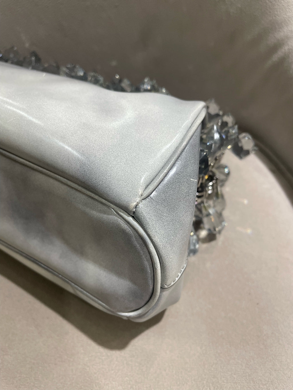 Prada Crystal-Embellished Clutch Bag Metallic Silver Leather Silver Hardware