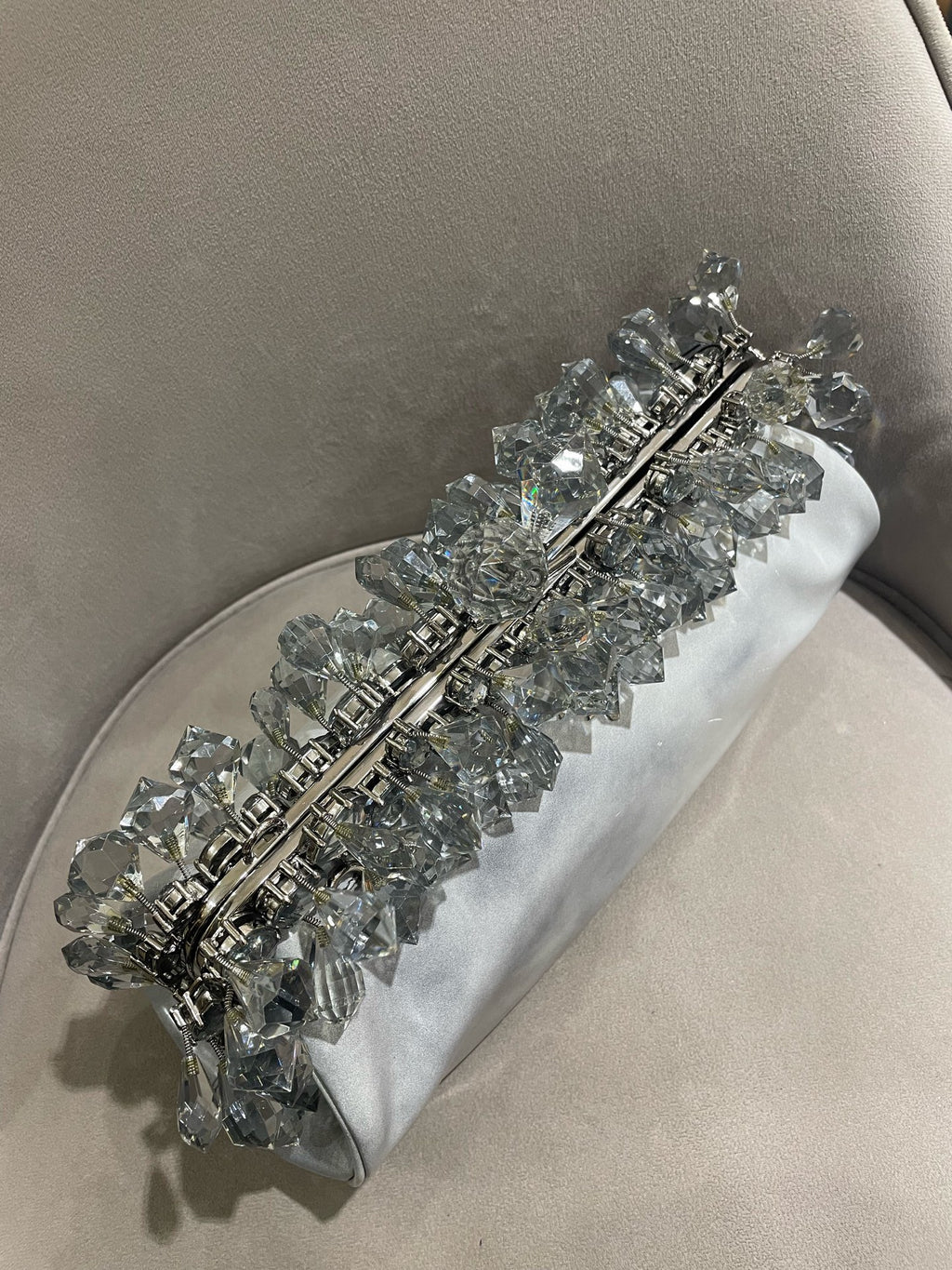 Prada Crystal-Embellished Clutch Bag Metallic Silver Leather Silver Hardware