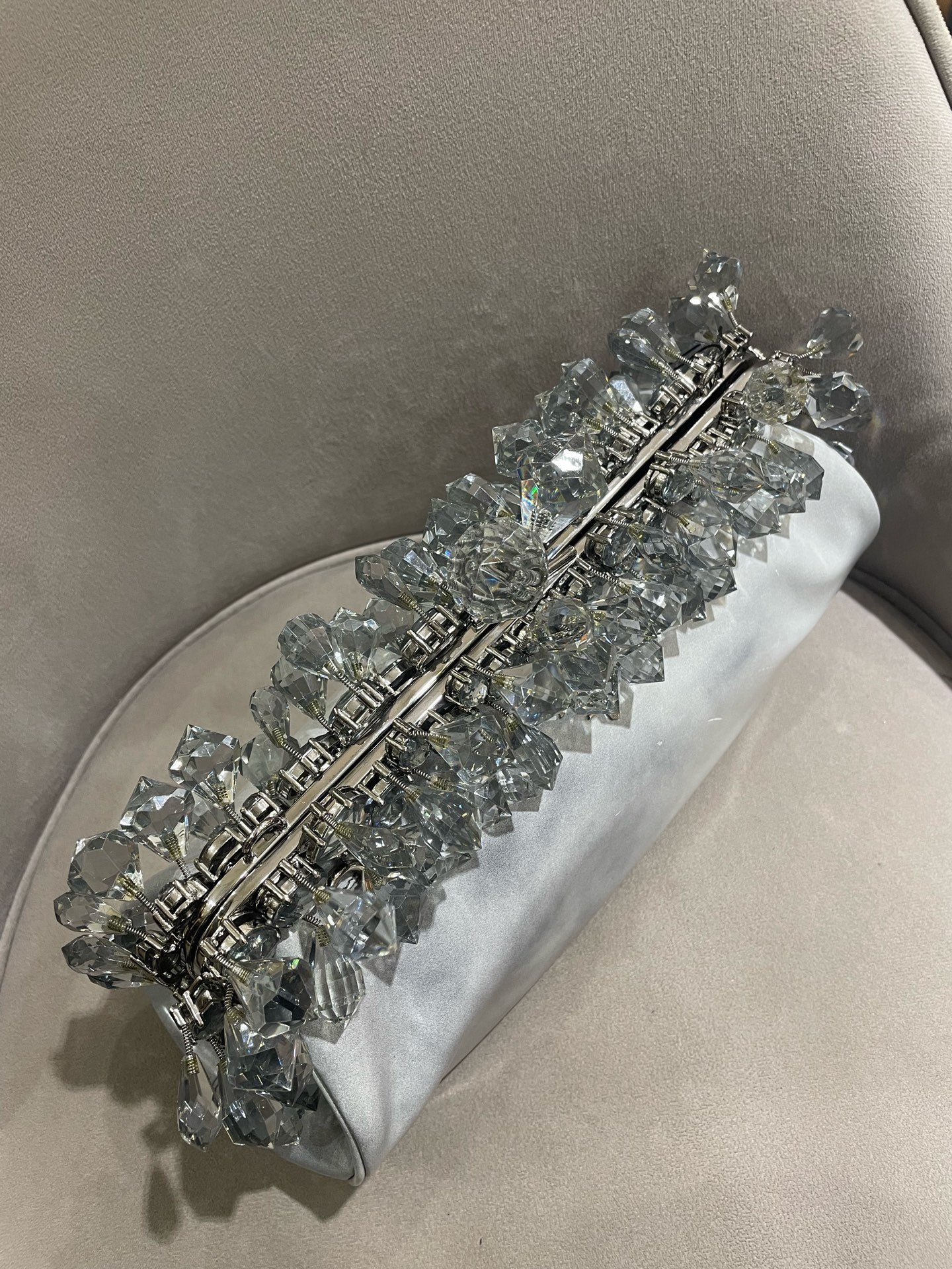 Prada Crystal-Embellished Clutch Bag Metallic Silver Leather Silver Hardware