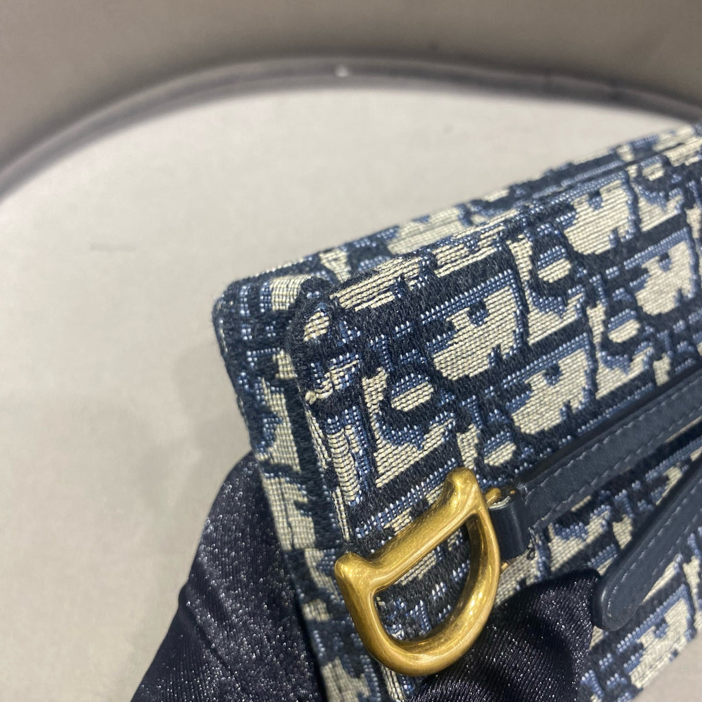 Dior Saddle Phone Holder Bag Beige/Navy Oblique Canvas Gold Hardware