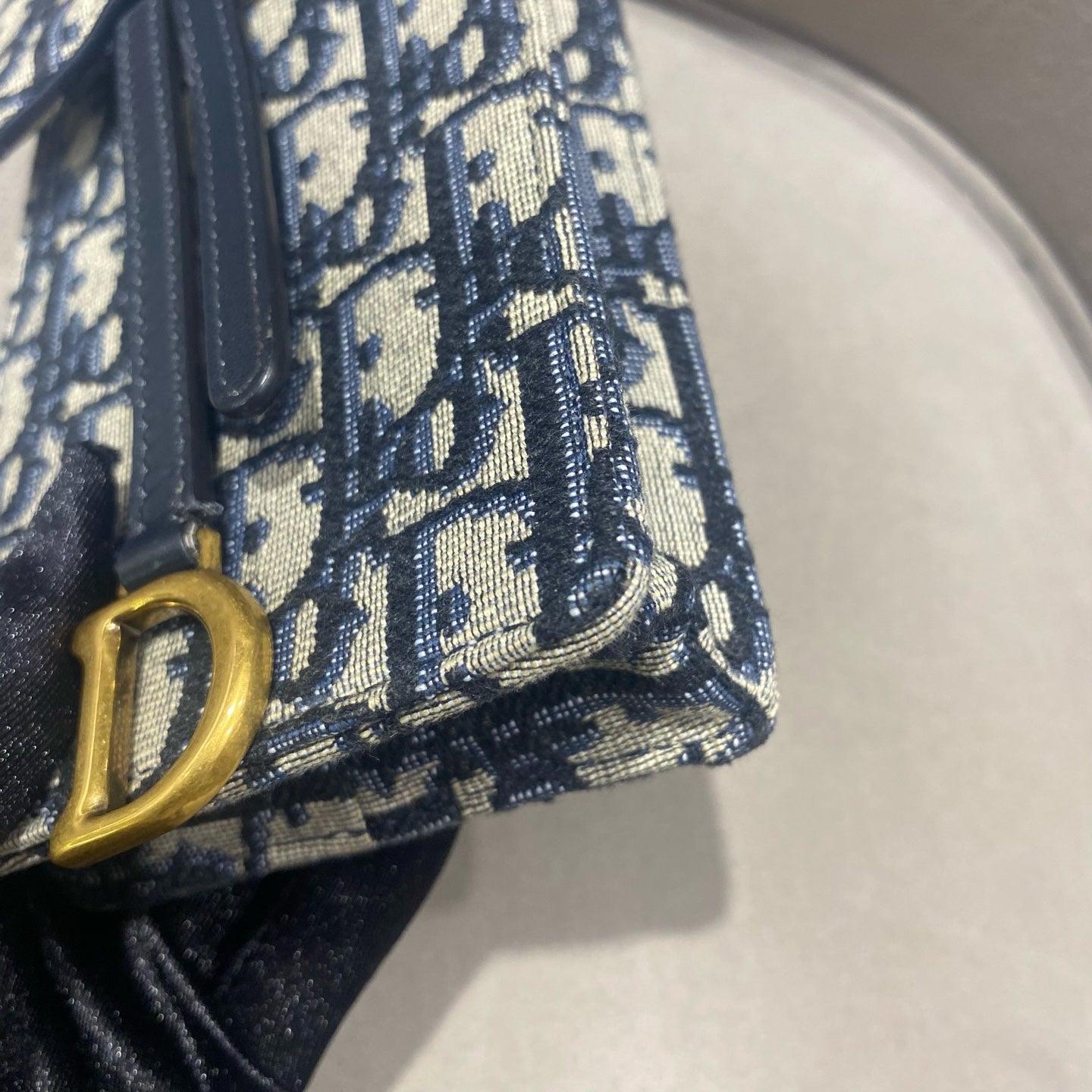 Dior Saddle Phone Holder Bag Beige/Navy Oblique Canvas Gold Hardware