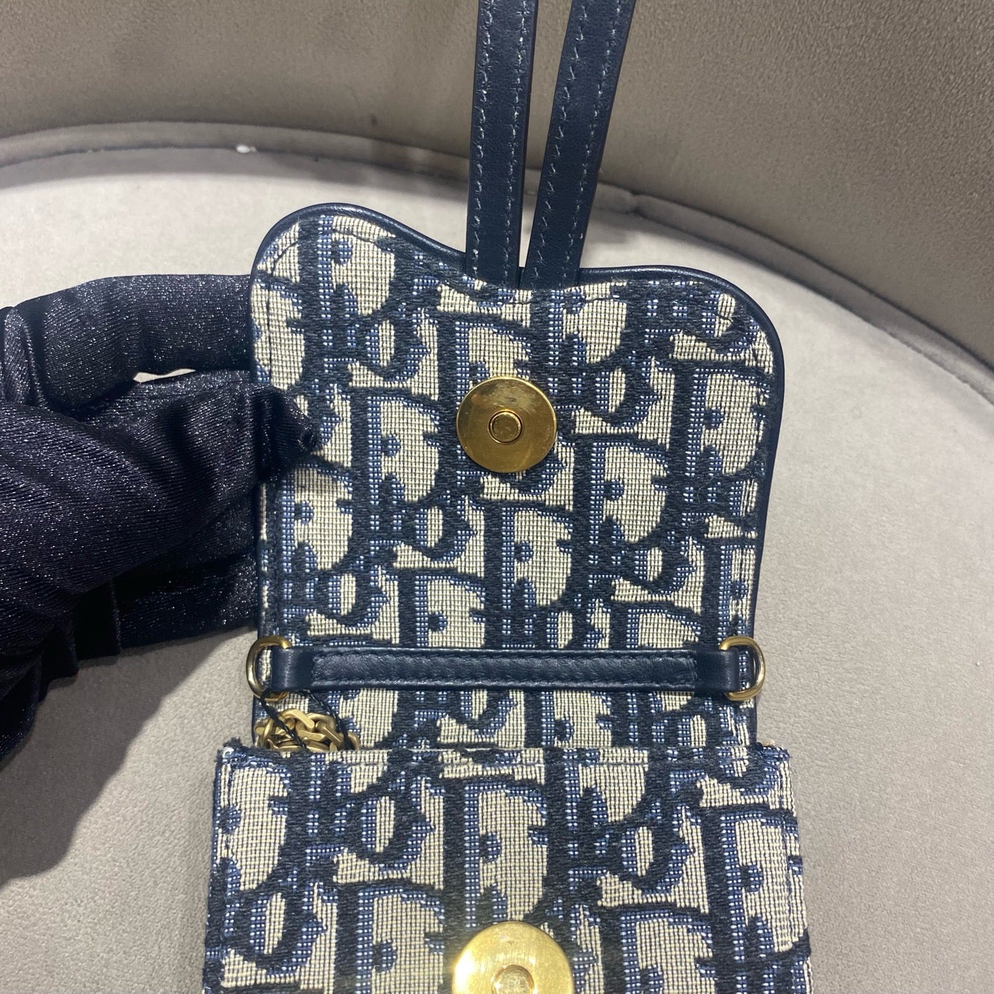 Dior Saddle Phone Holder Bag Beige/Navy Oblique Canvas Gold Hardware