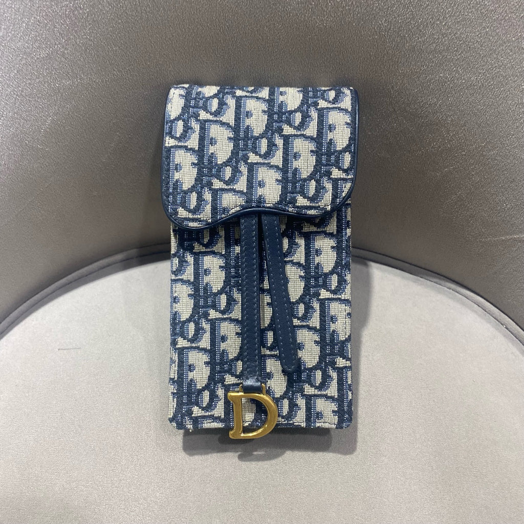 Dior Saddle Phone Holder Bag Beige/Navy Oblique Canvas Gold Hardware