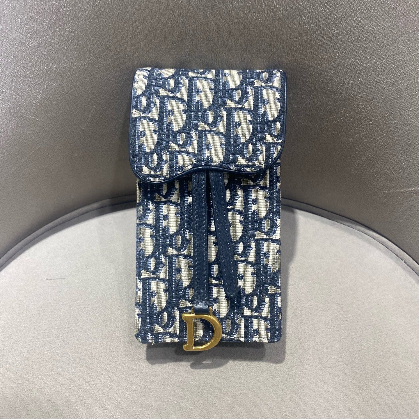 Dior Saddle Phone Holder Bag Beige/Navy Oblique Canvas Gold Hardware