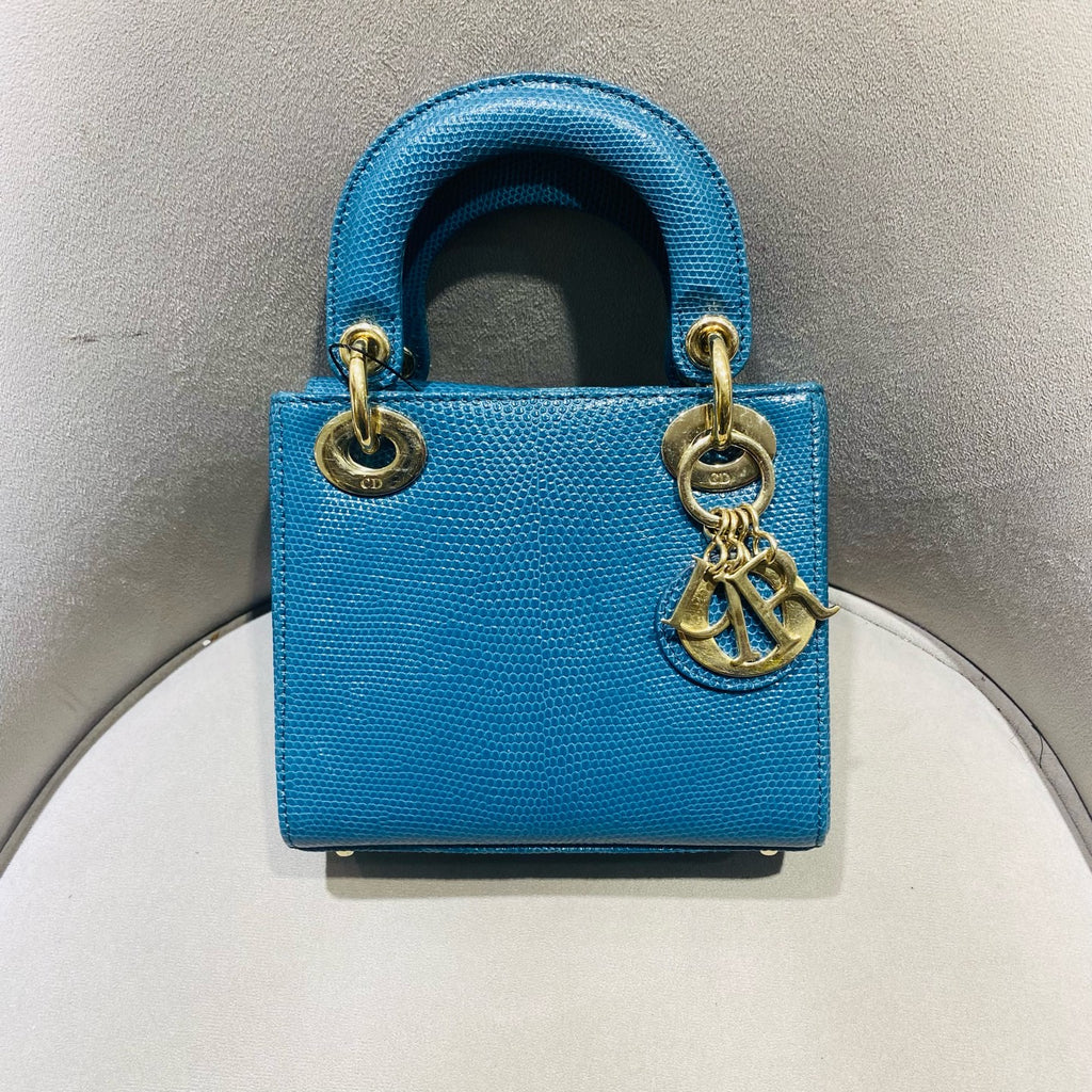 Dior Lady Dior Handbag Micro Deep Teal Lizard-Embossed Leather Gold Hardware