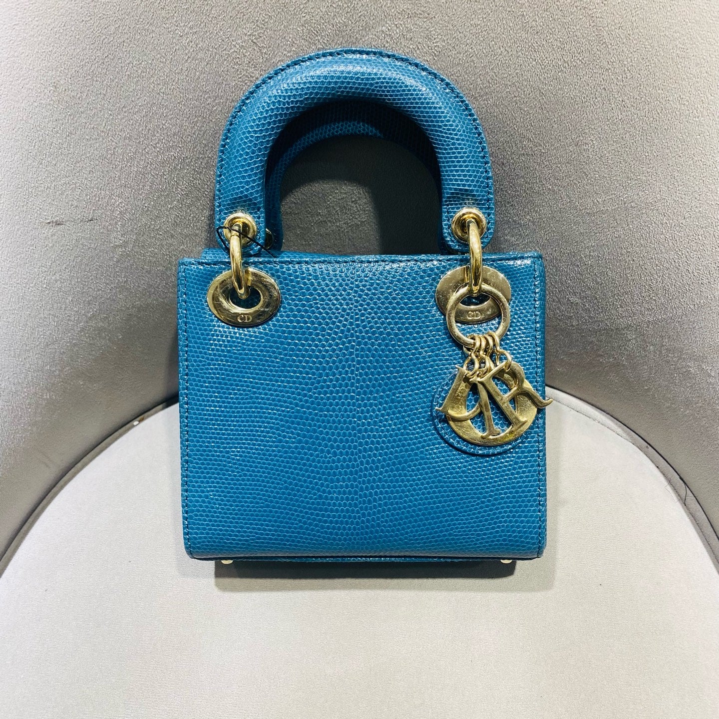 Dior Lady Dior Handbag Micro Deep Teal Lizard-Embossed Leather Gold Hardware