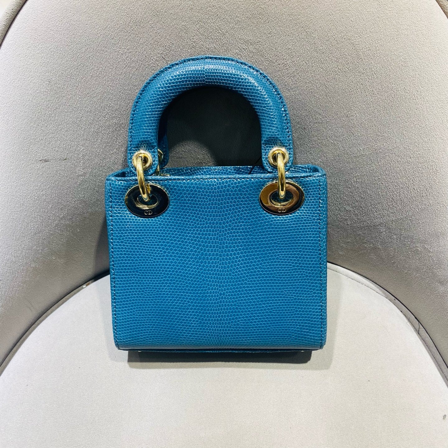 Dior Lady Dior Handbag Micro Deep Teal Lizard-Embossed Leather Gold Hardware