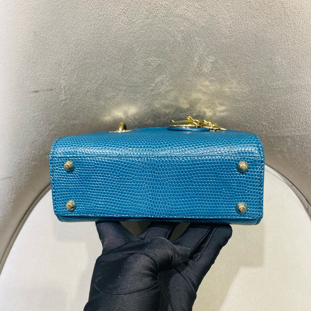 Dior Lady Dior Handbag Micro Deep Teal Lizard-Embossed Leather Gold Hardware