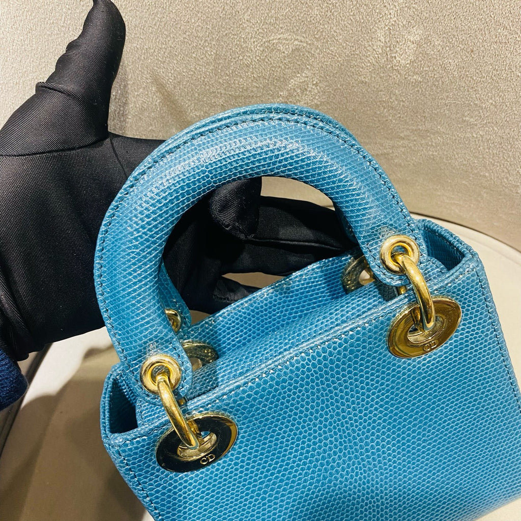 Dior Lady Dior Handbag Micro Deep Teal Lizard-Embossed Leather Gold Hardware