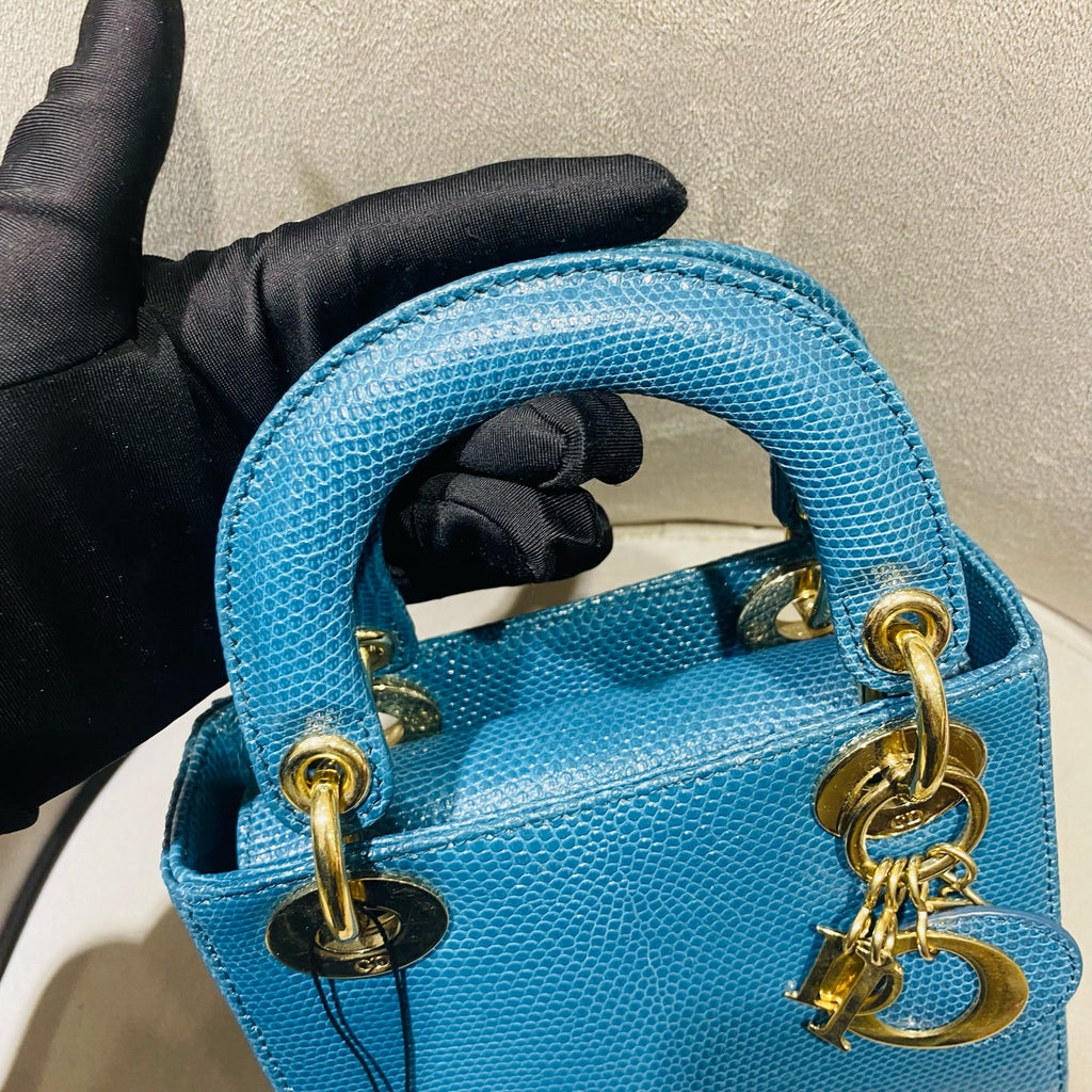 Dior Lady Dior Handbag Micro Deep Teal Lizard-Embossed Leather Gold Hardware