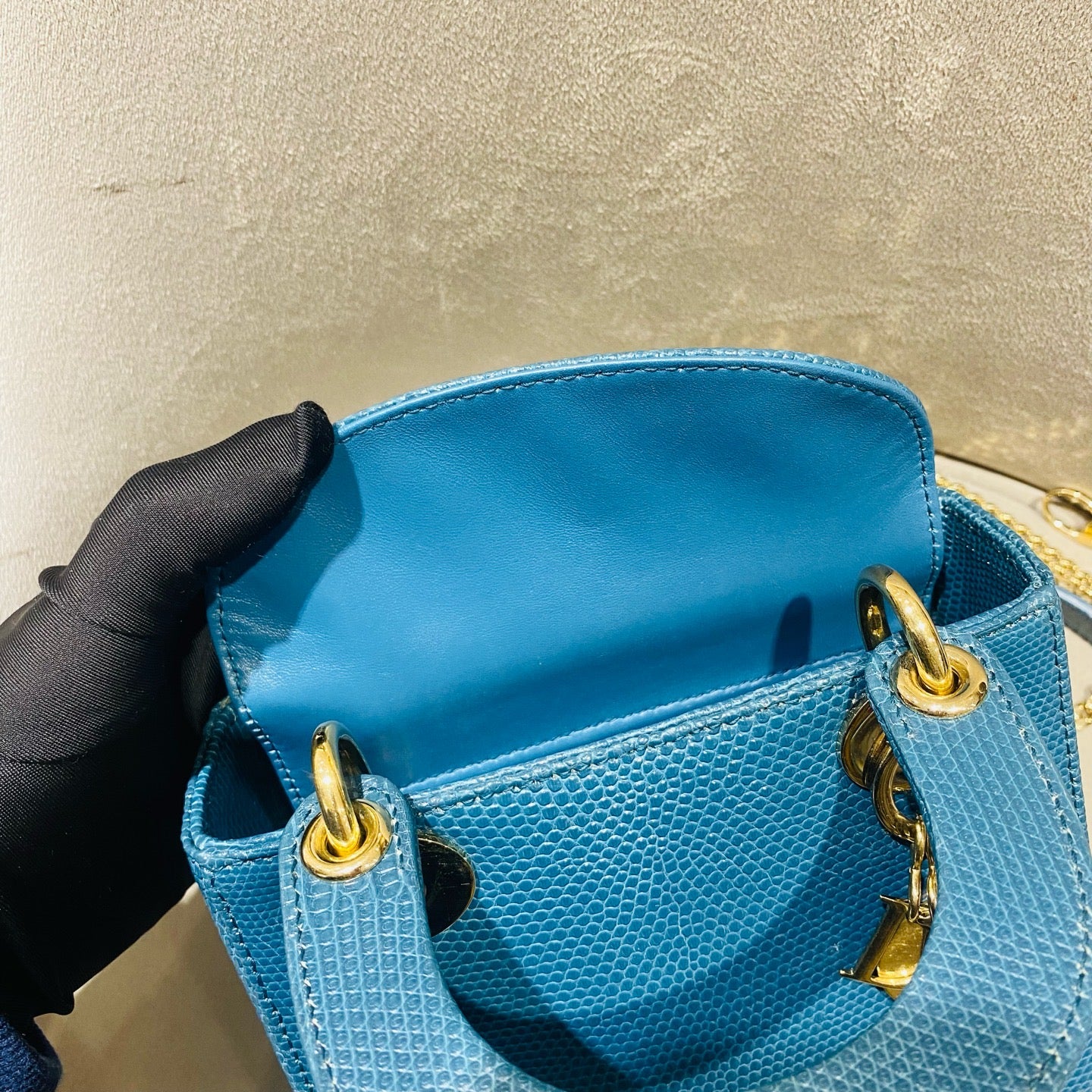 Dior Lady Dior Handbag Micro Deep Teal Lizard-Embossed Leather Gold Hardware