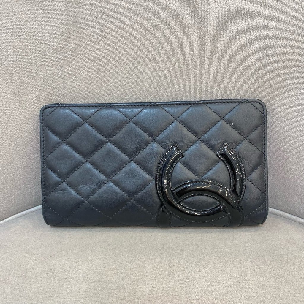 Chanel Ligne Cambon Wallet Black Quilted Leather Patent CC Gold Hardware