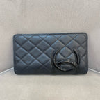 Chanel Ligne Cambon Wallet Black Quilted Leather Patent CC Gold Hardware