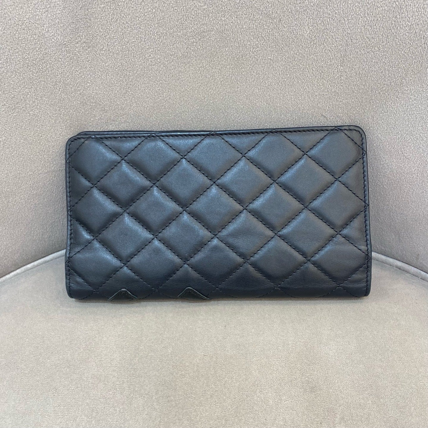 Chanel Ligne Cambon Wallet Black Quilted Leather Patent CC Gold Hardware