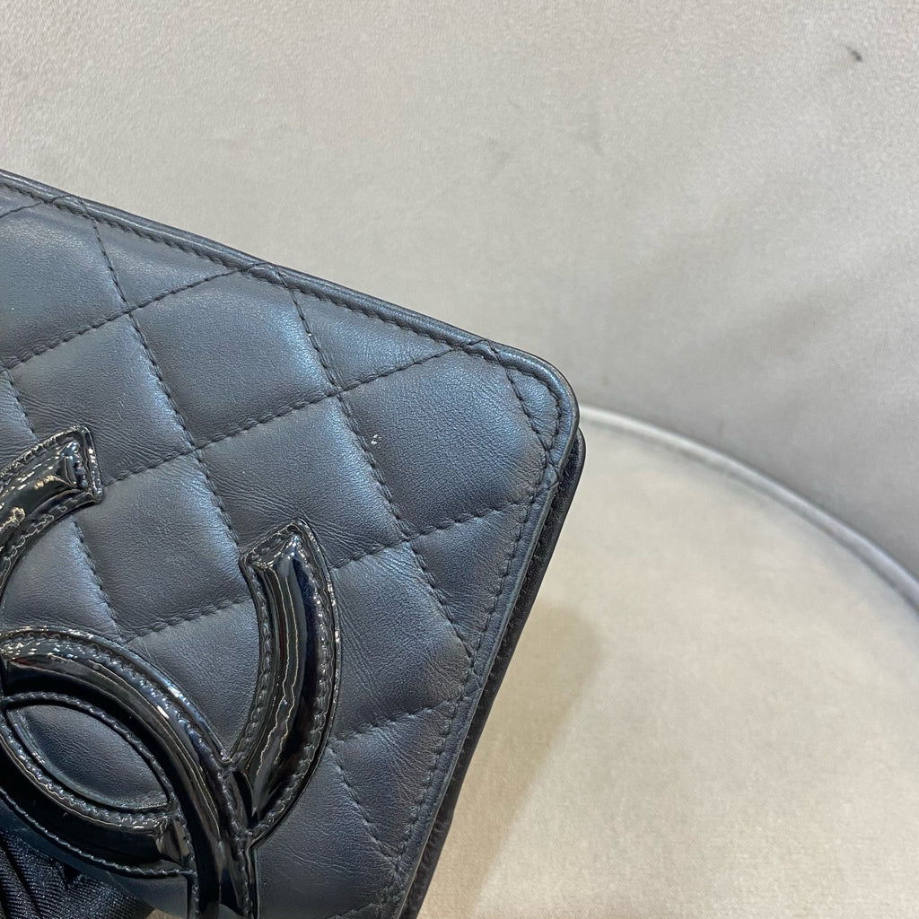 Chanel Ligne Cambon Wallet Black Quilted Leather Patent CC Gold Hardware