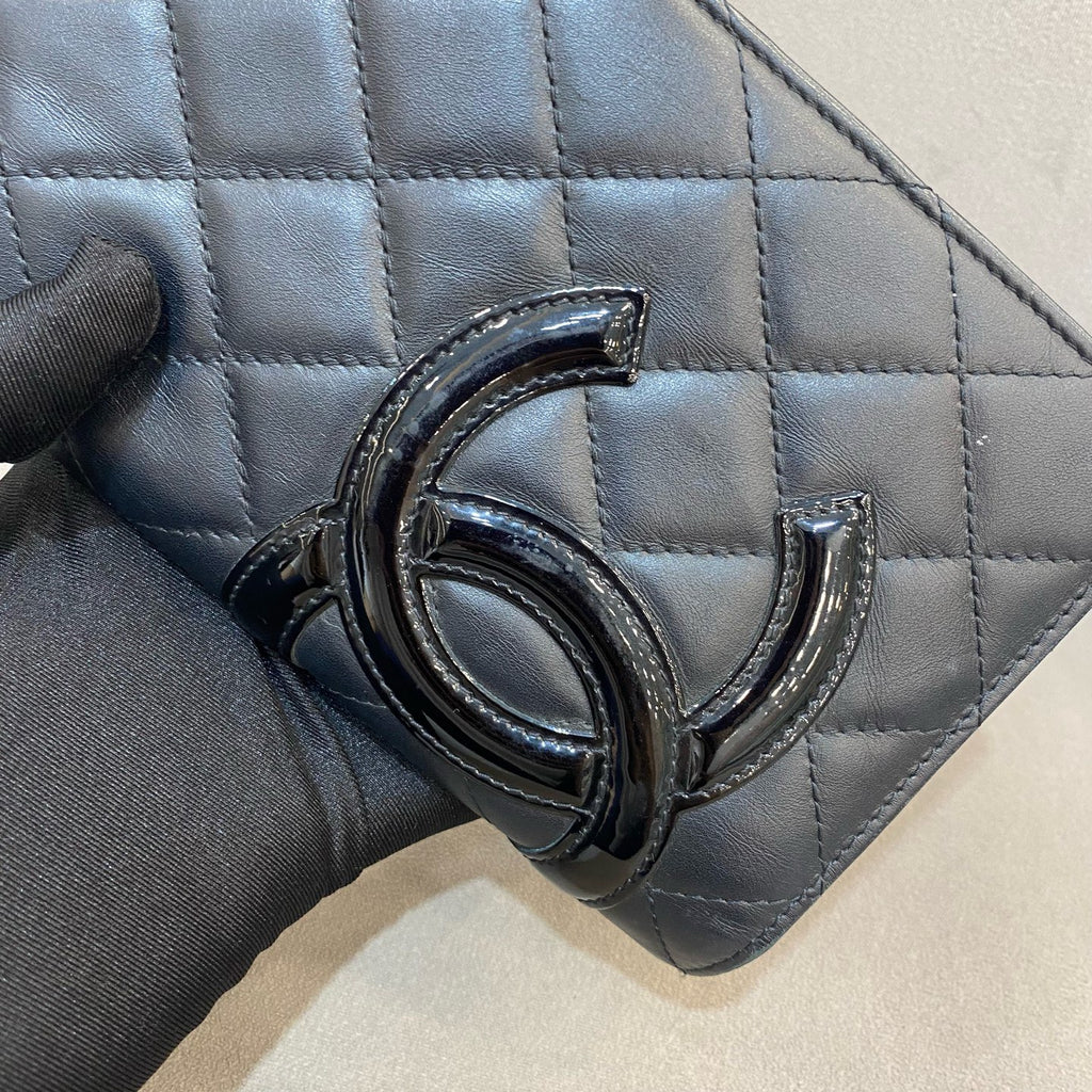 Chanel Ligne Cambon Wallet Black Quilted Leather Patent CC Gold Hardware