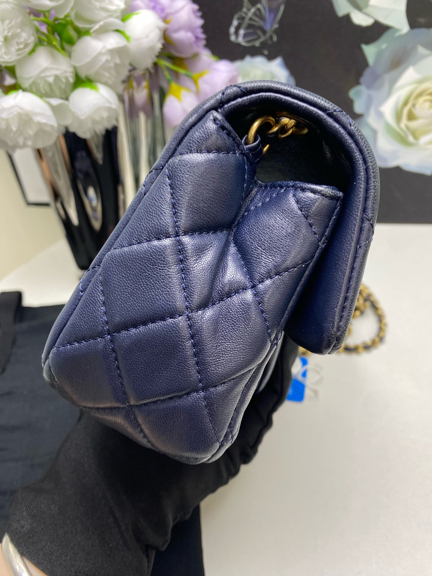 Chanel Classic Mini Flap Bag Navy Blue Metallic Leather Gold Hardware