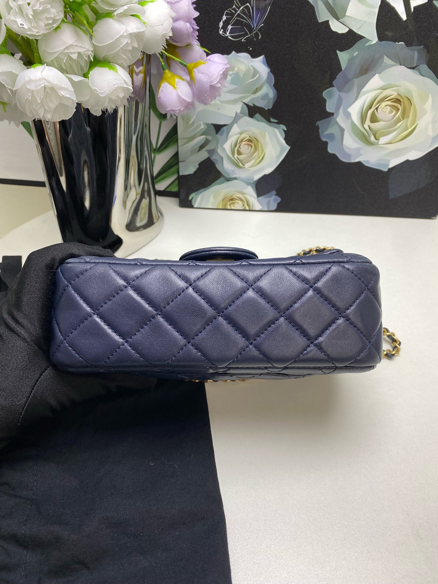 Chanel Classic Mini Flap Bag Navy Blue Metallic Leather Gold Hardware